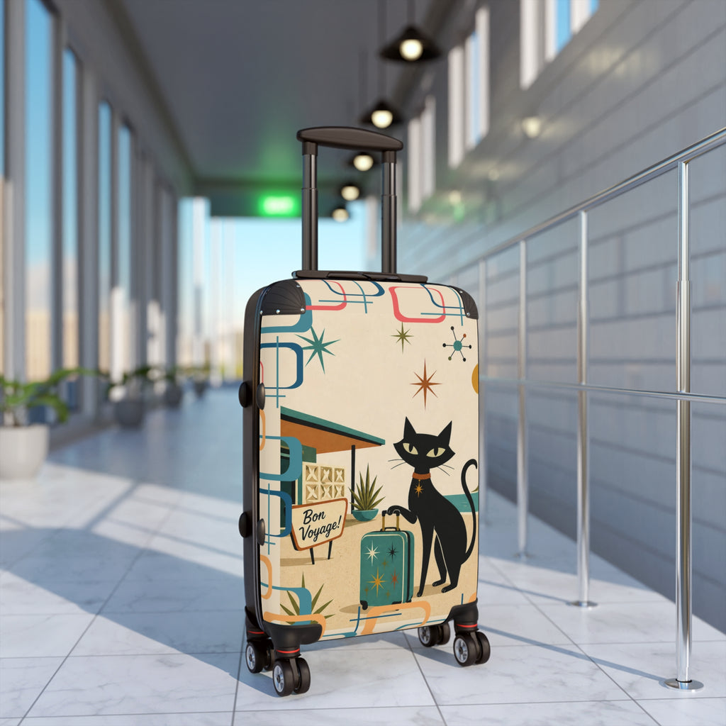 Retro Black Atomic Cat Beach Suitcase | Mid Century Travel Luggage