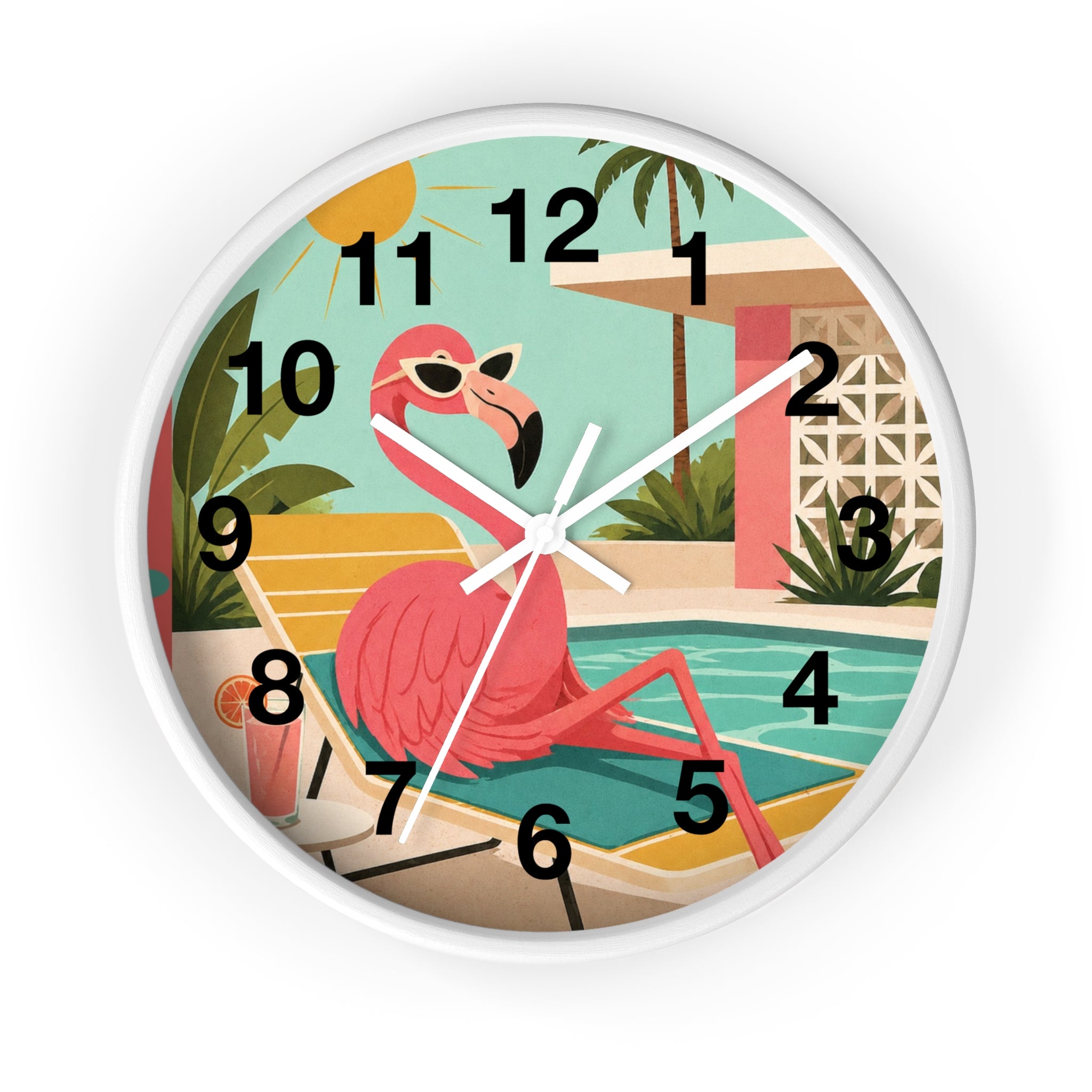Retro Flamingo Poolside Wall Clock | Mid Century Tropical Illustration