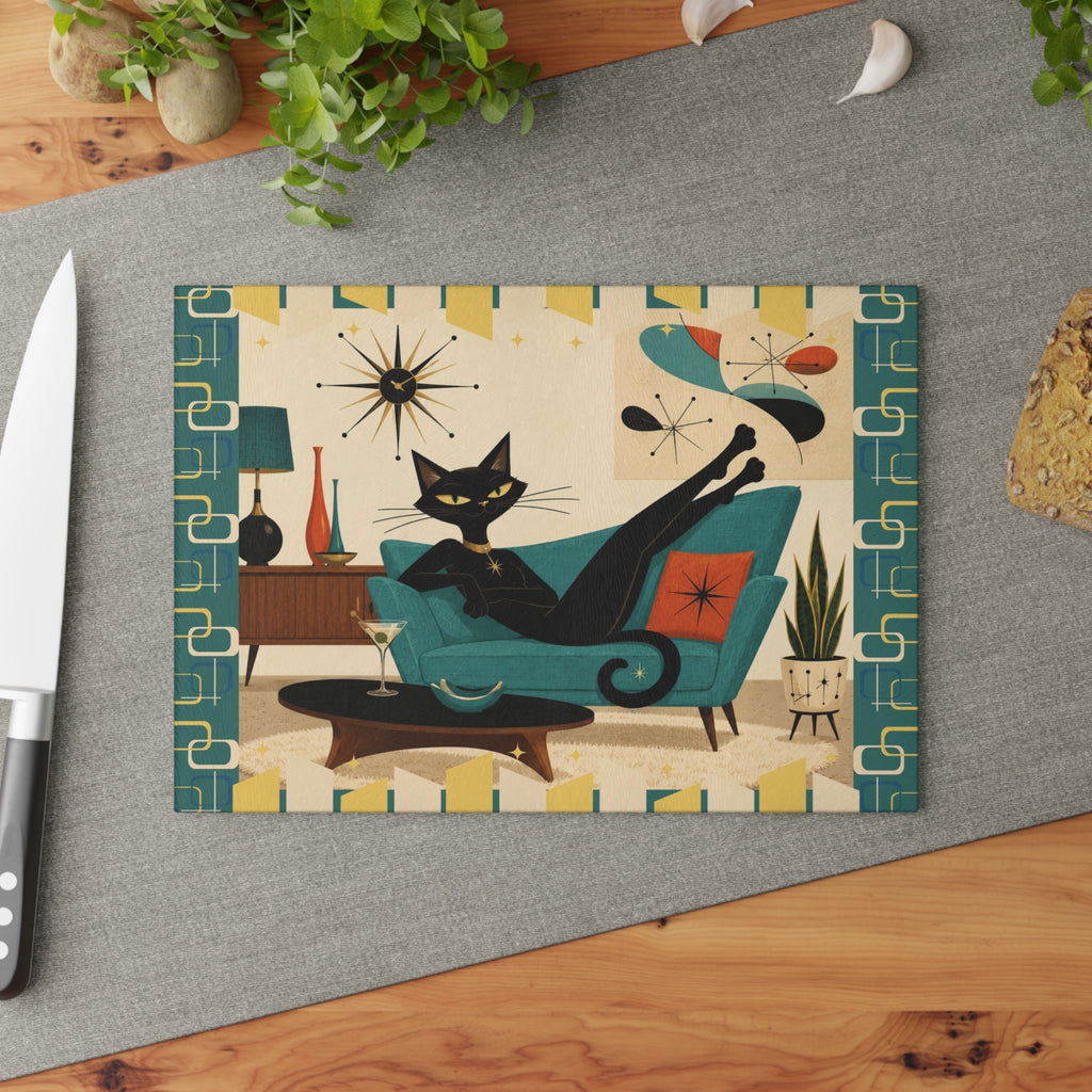 Mid Century Lounge Atomic Cat Glass Cutting Board | Retro Atomic Home Kitchen Decor