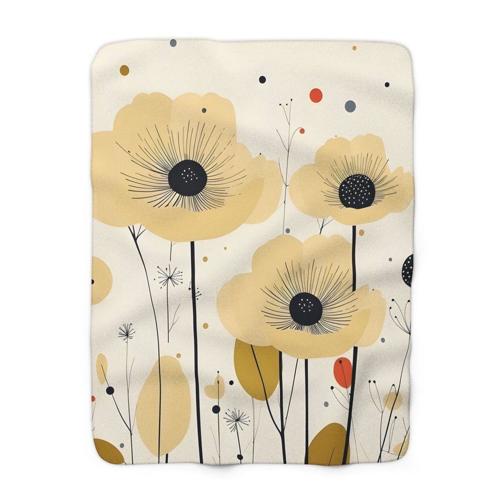 Yellow Poppy's Mid Century Modern Sherpa Fleece Blanket, retro floral, MCM throw couch bed blanket