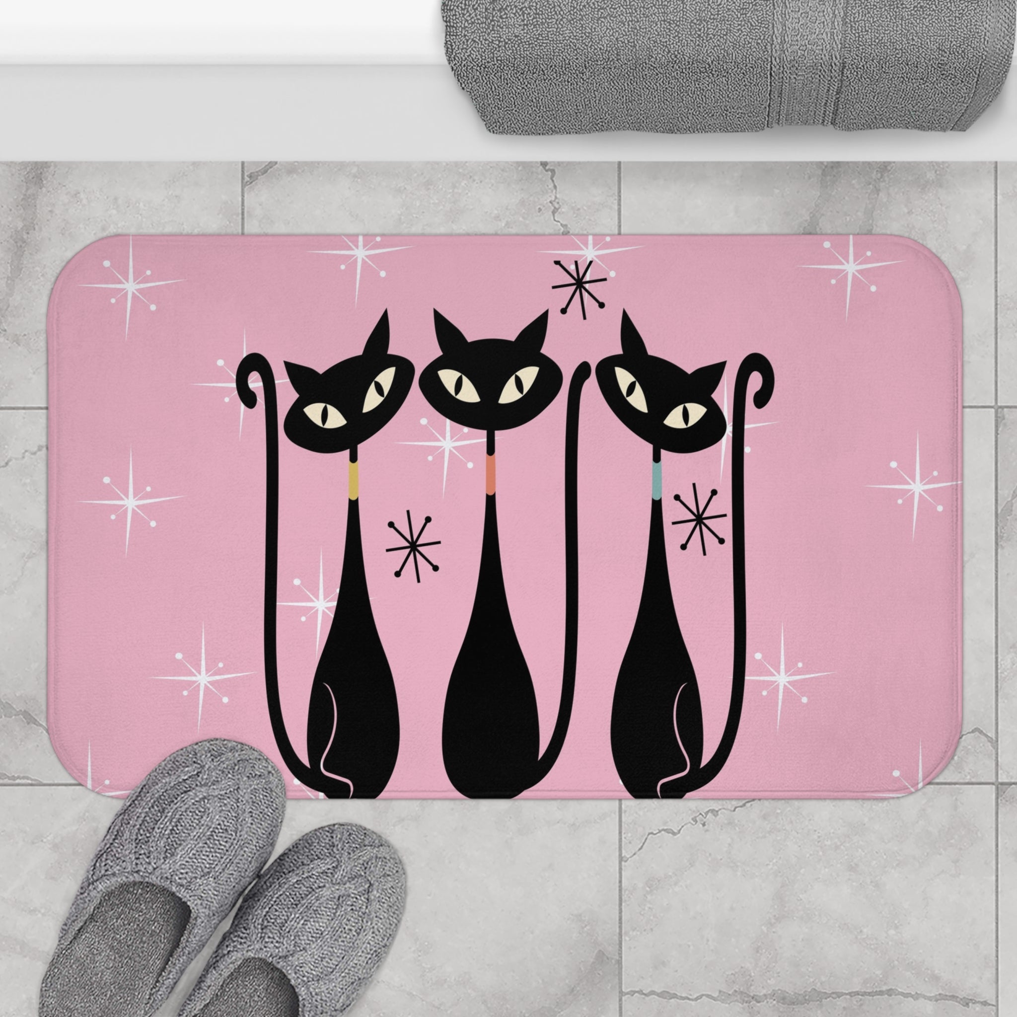 Pink Retro Black Cats Bath Mat — Mid-Century Modern Kitty Bathroom Rug