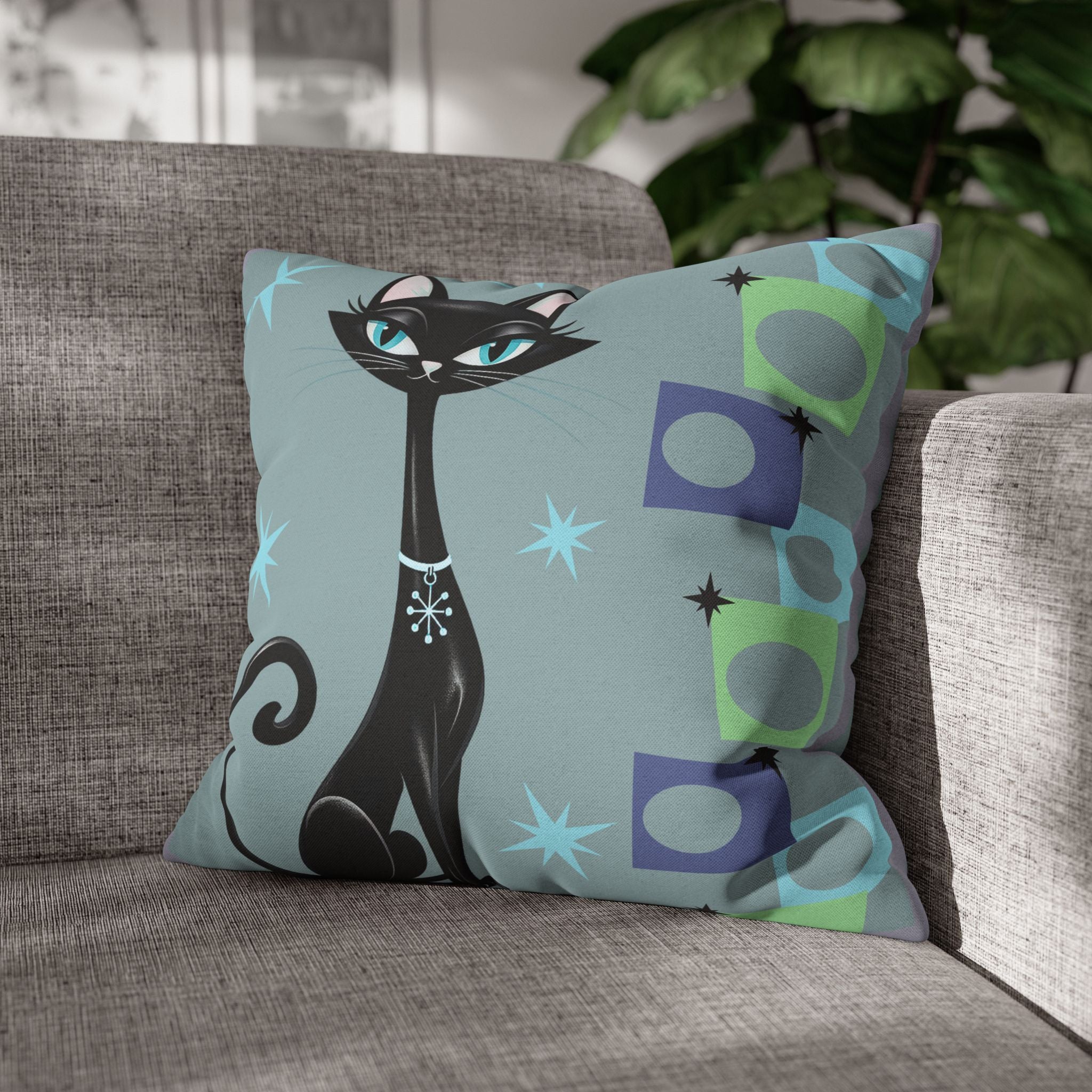 Retro Atomic Black Cat Pillowcase | Square Polyester Throw Pillowcase MCM