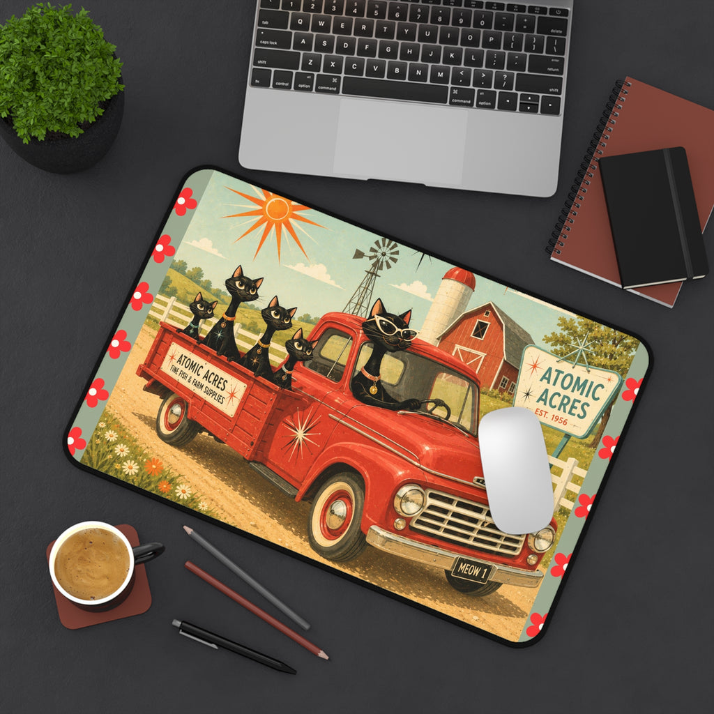 Retro Red Truck with Atomic Black Cats Desk Mat | Atomic Acres Farm Mousepad