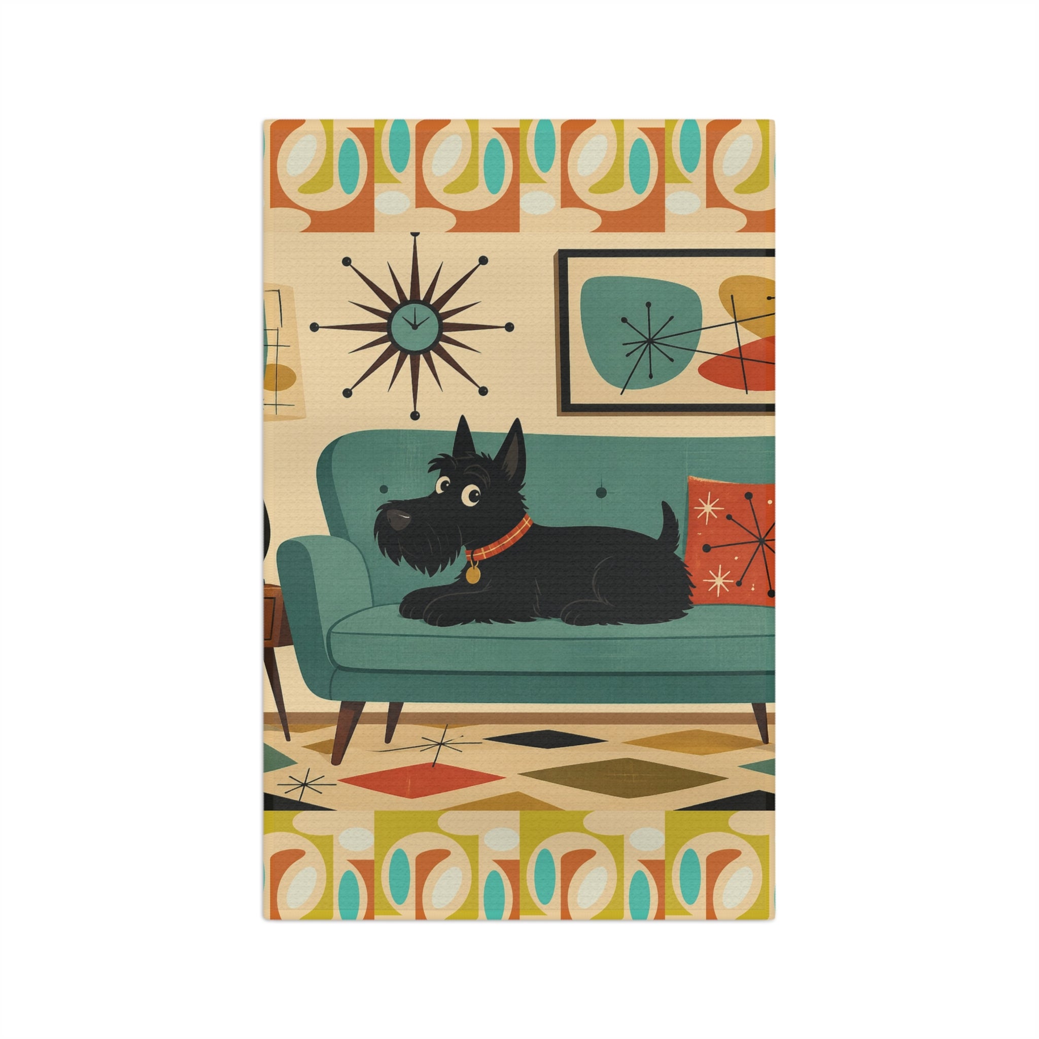 Mid Century Scotty Dog Microfiber Tea Towel | Retro Living Room Illustration