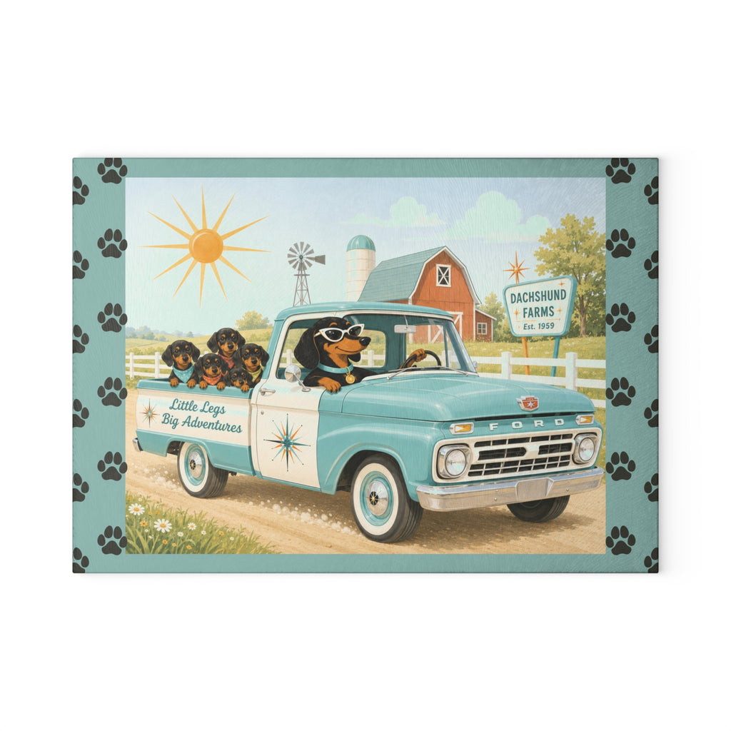 MCM Dachshund Farm Truck Glass Cutting Board | Retro Doxie Dogs Kitchen Decor