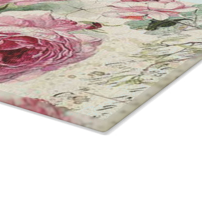 Shabby chic Glass Cutting Board, French country, peony roses, vintage decor, tempered glass, bread board, floral chopping board