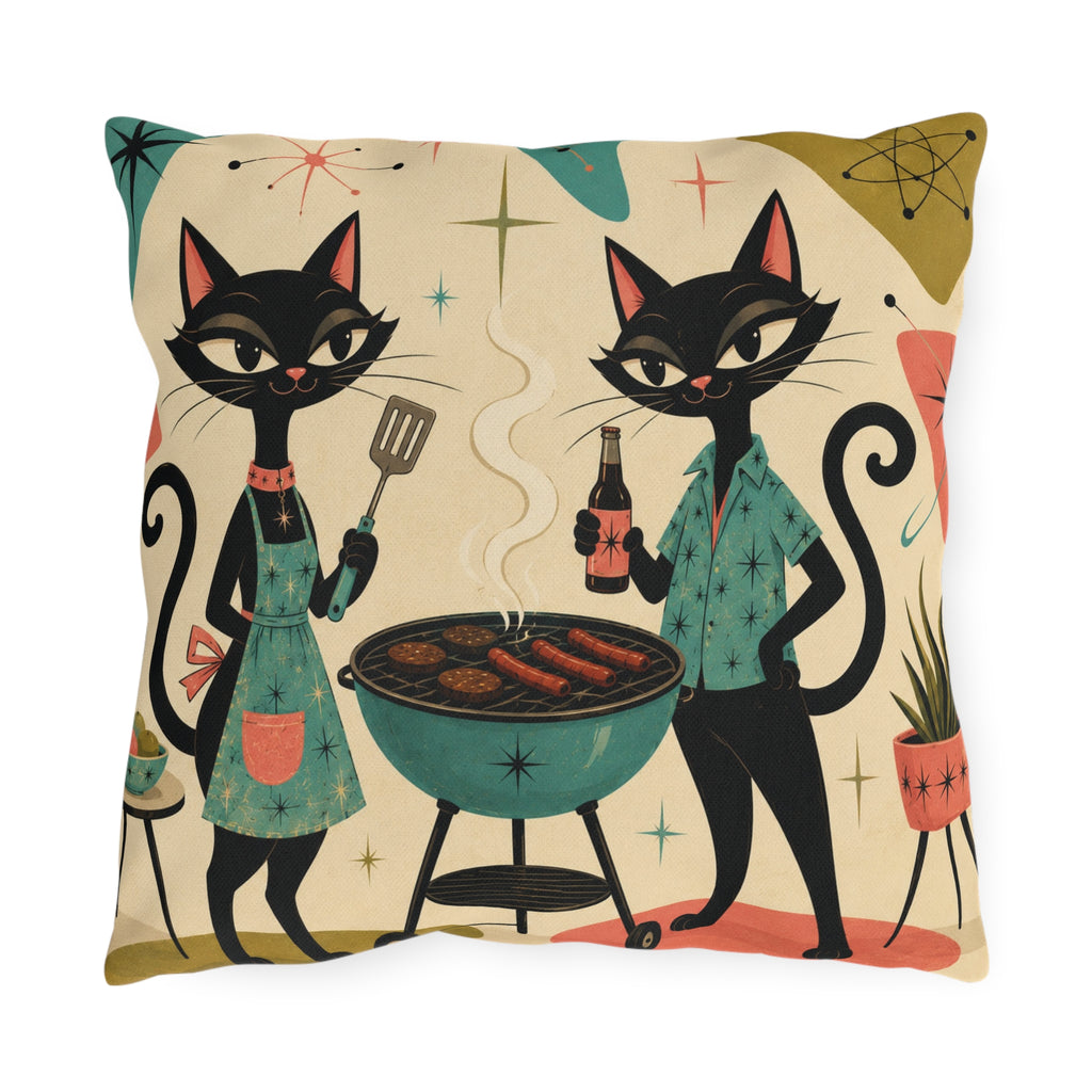 Retro Atomic Black Cats BBQ Outdoor Pillow | Mid Century Modern Cat Grill Decorative Cushion