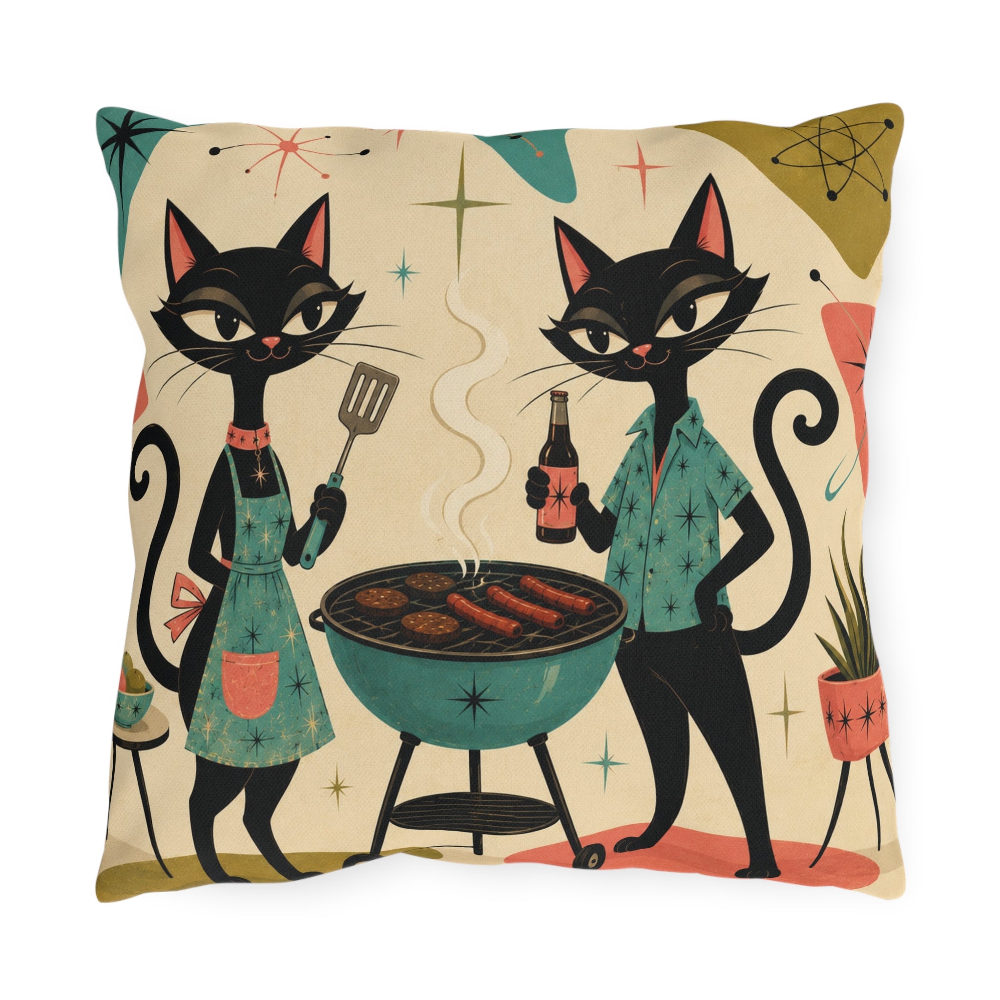 Retro Atomic Black Cats BBQ Outdoor Pillow | Mid Century Modern Cat Grill Decorative Cushion