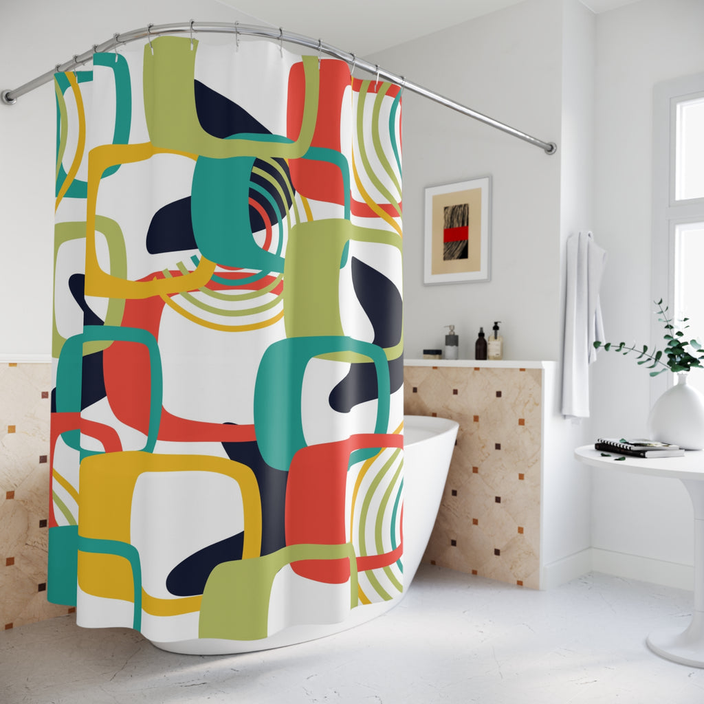 Colorful MCM shapes Shower Curtain, Mid Century Modern, retro bathroom decor, stall shower curtain