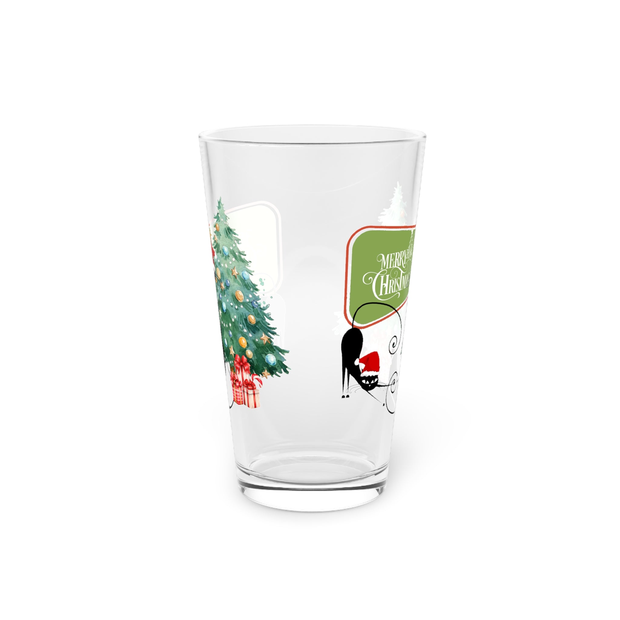 Merry Christmas Atomic cat Pint Glass, 16oz, Xmas party glasses, black cat lover gift, MCM barware, Christmas drinking glass