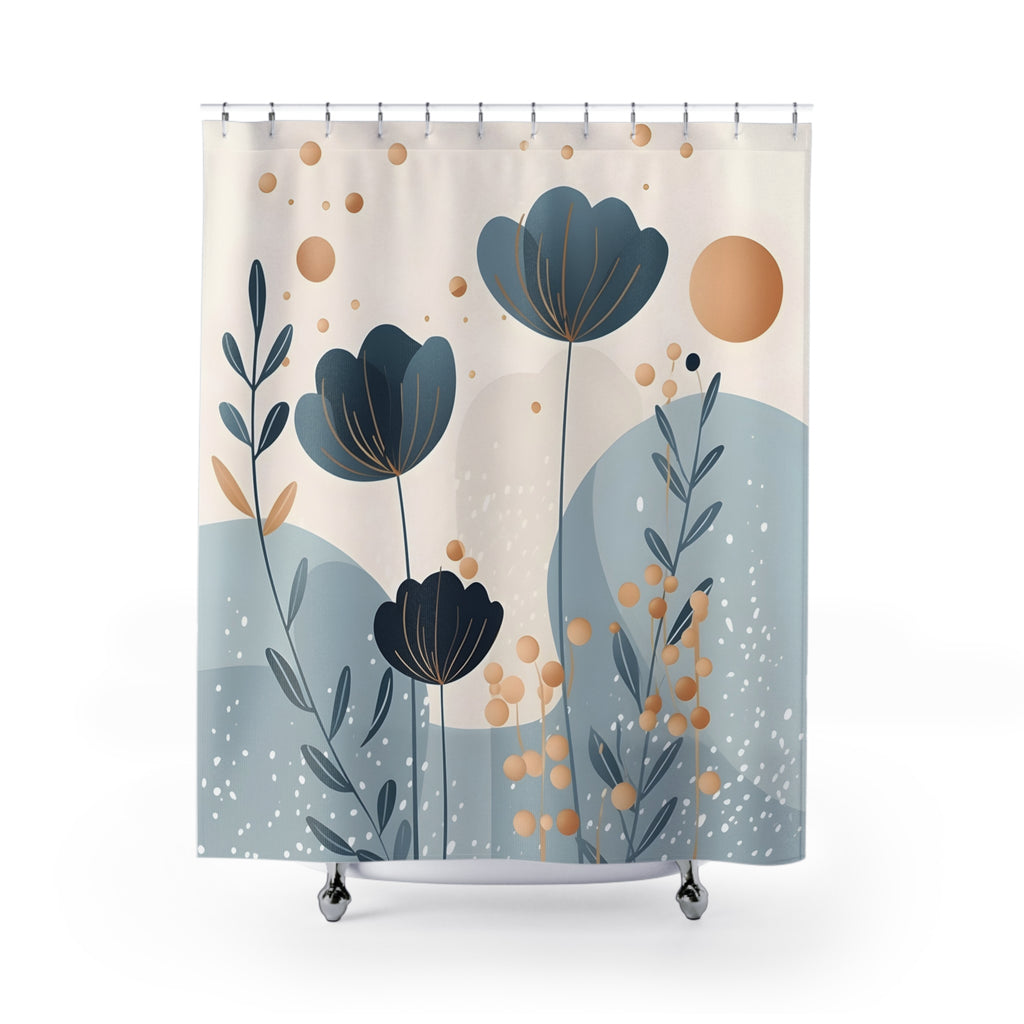 Floral Serenity Shower Curtain — Abstract Blue & Beige Botanical Bathroom Décor