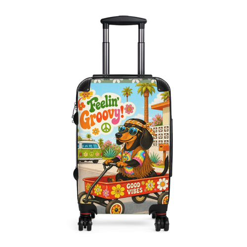 Feelin' Groovy Dachshund in Wagon Suitcase | Retro Hippie Good Vibes Travel Luggage