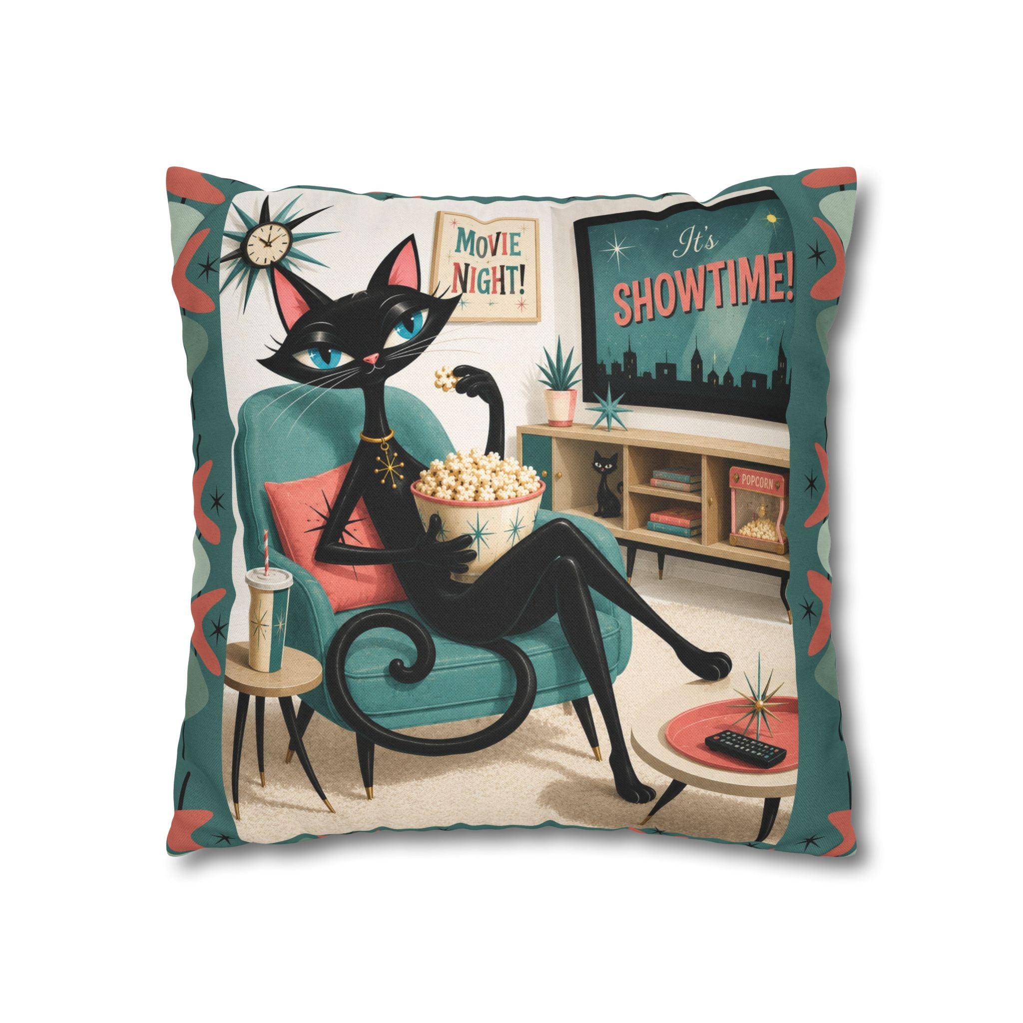 Retro atomic Black Cat Movie Night Pillowcase | MCM Square Pillowcase - Indoor use