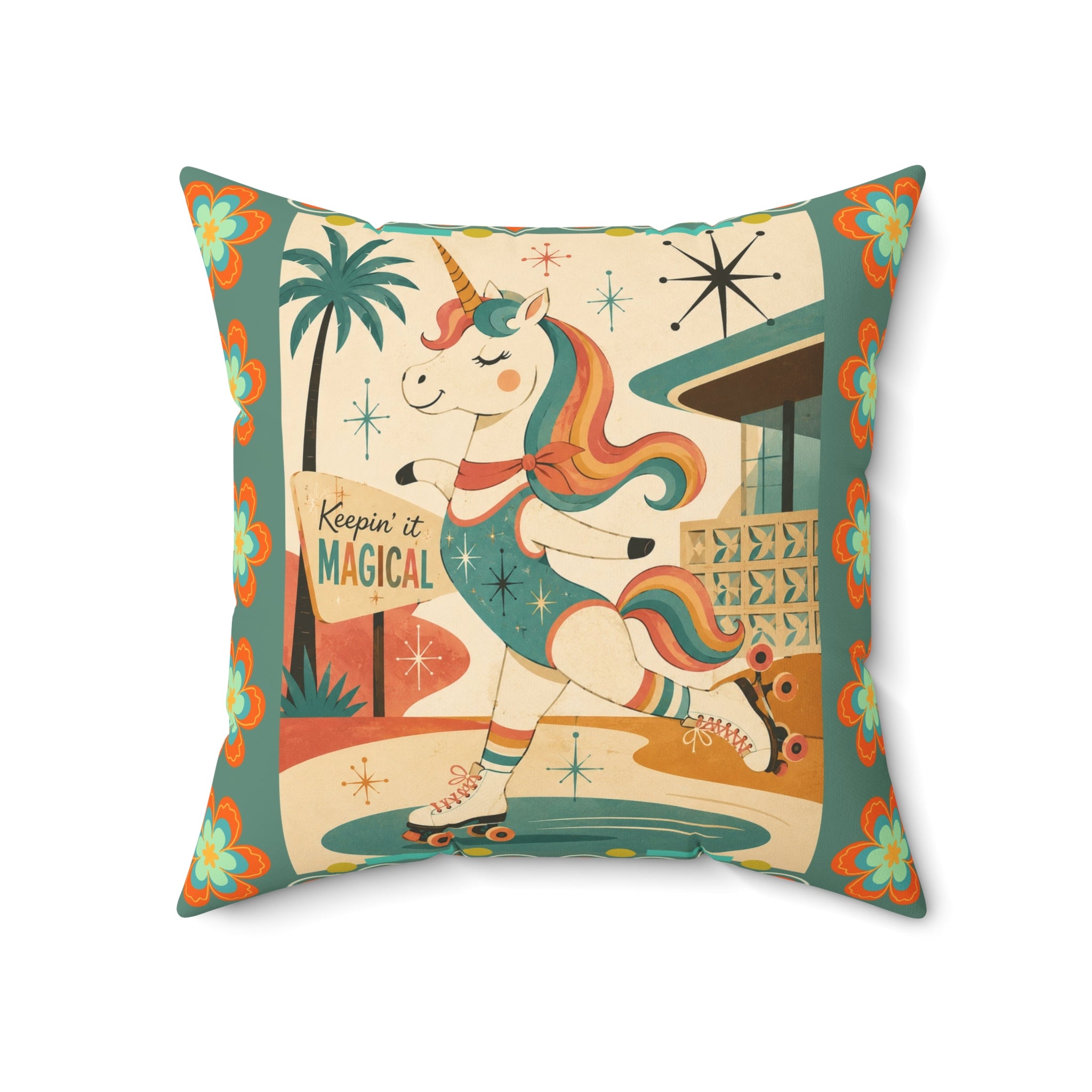 Retro Roller Skating Unicorn pillow | Square Polyester Throw Pillow, Vintage Rainbow Unicorn