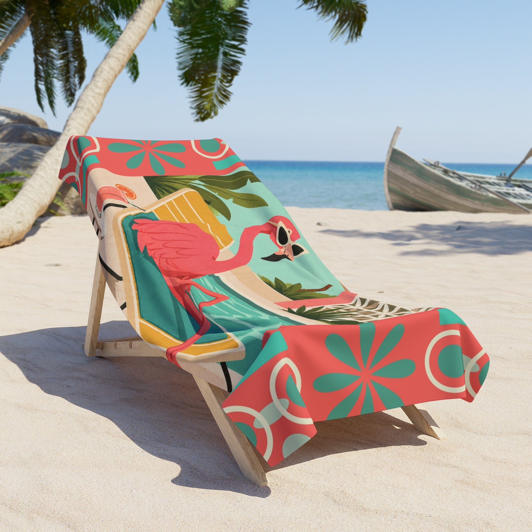 Retro Flamingo Pool Lounge Beach Towel | Tropical Mid Century Resort Vibe