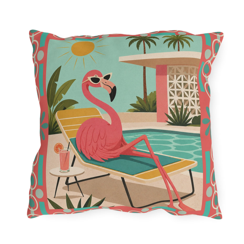 MCM Pink Flamingo Poolside Outdoor Pillow | Retro Mid Century Tropical
