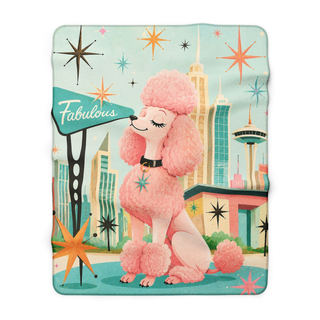 Retro Fabulous Pink Poodle Sherpa Blanket | Mid Century Cityscape