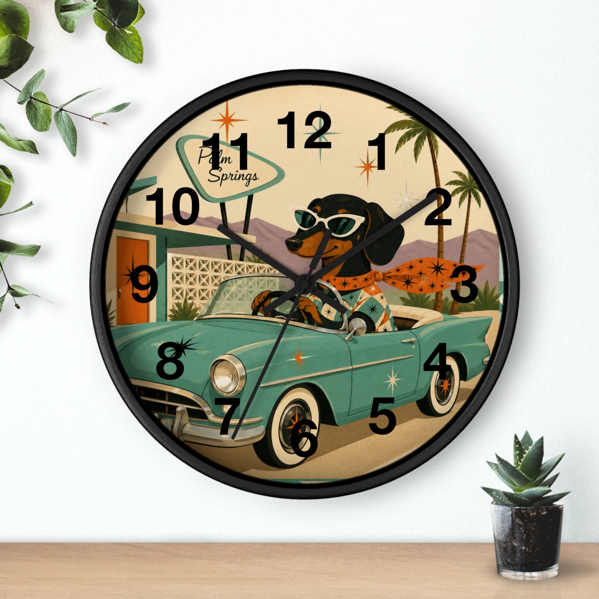 Dachshund Retro Roadtrip Wall Clock | Mid-Century Palm Springs Art