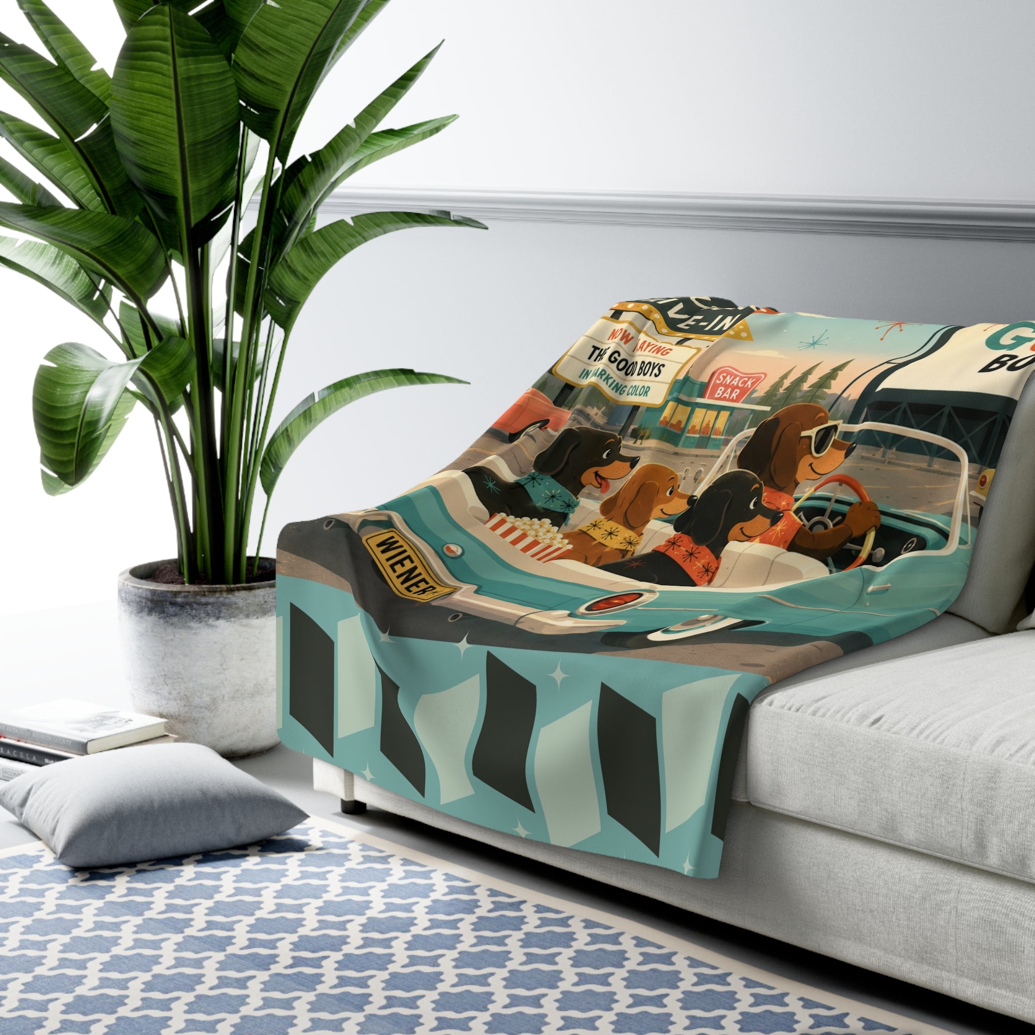 Drive-In Dachshund Dogs Sherpa Fleece Blanket | Retro Movie Night, Vintage 1950s Car & Canine