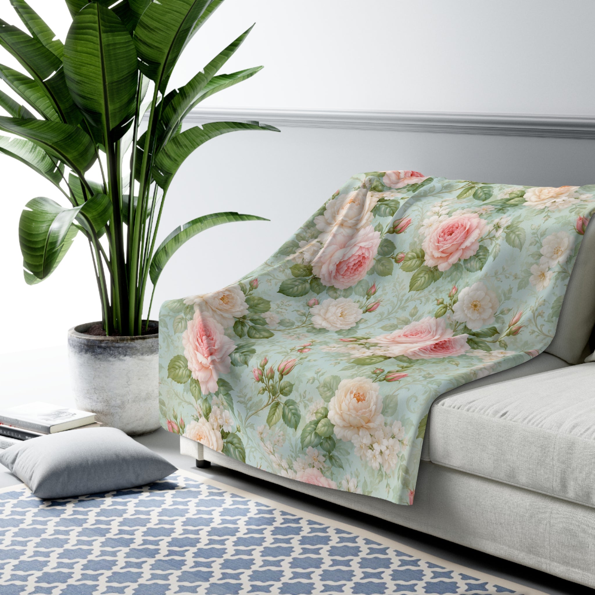 Vintage Pink Roses Sherpa Blanket | Floral Rose Throw, Shabby Chic