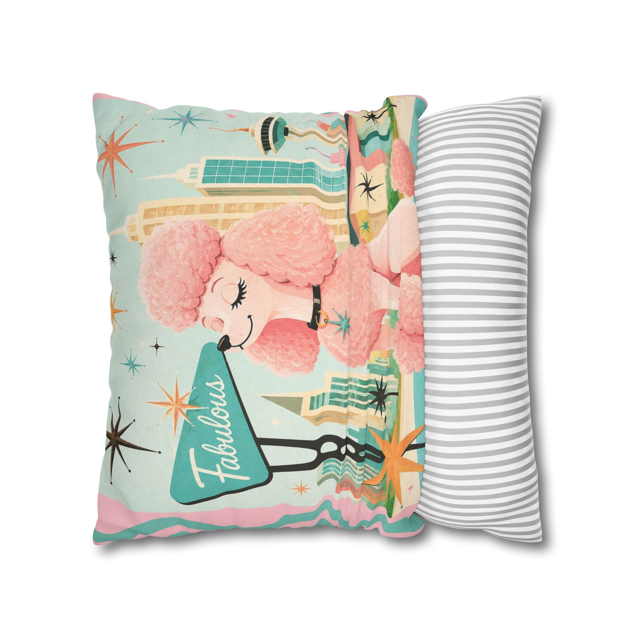 Fabulous Pink Poodle Pillowcase Spun Polyester Square Pillowcase | Retro Mid-Century Dog - COVER ONLY