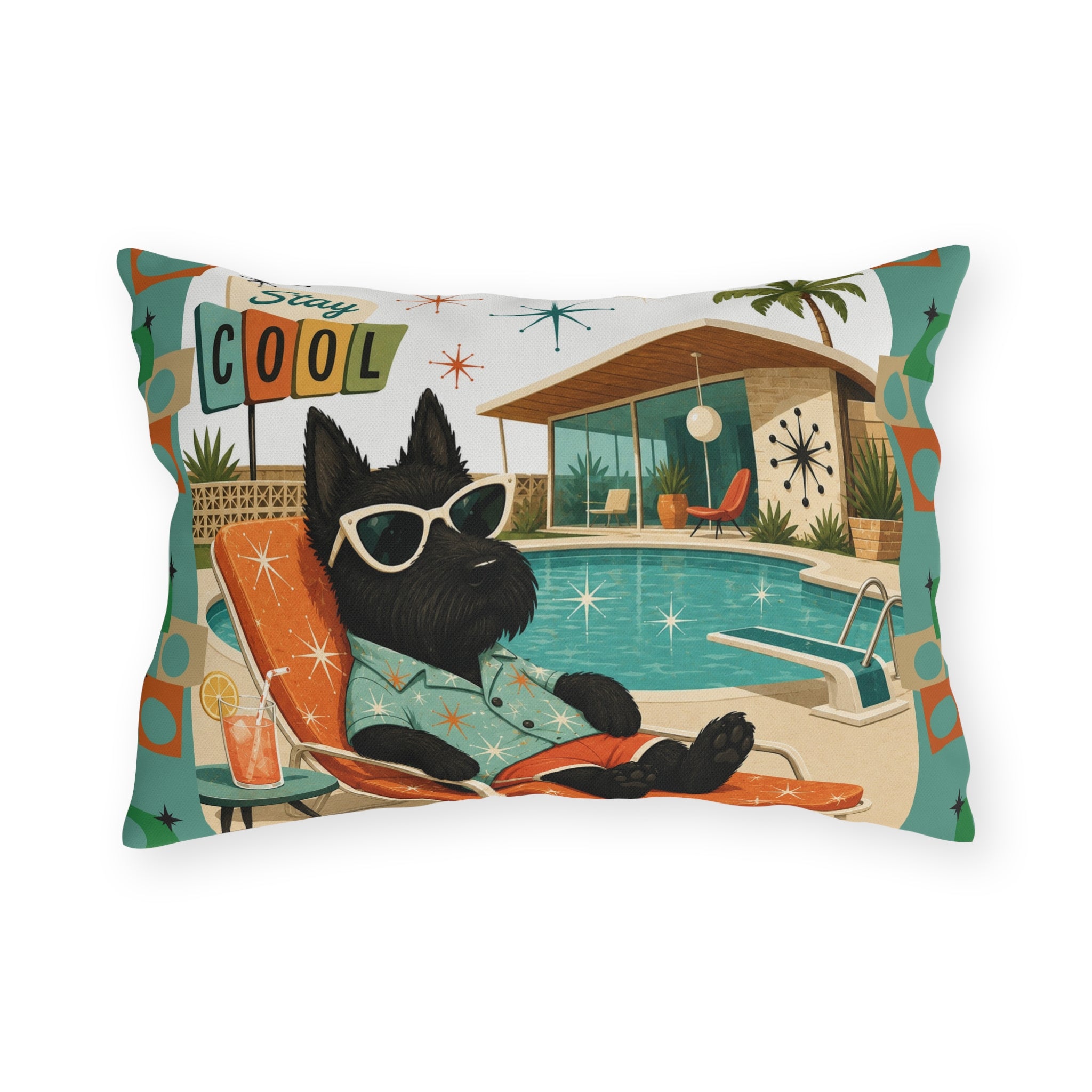 Retro Poolside Scottie Dog Stay Cool Outdoor Pillow | Mid Century Modern
