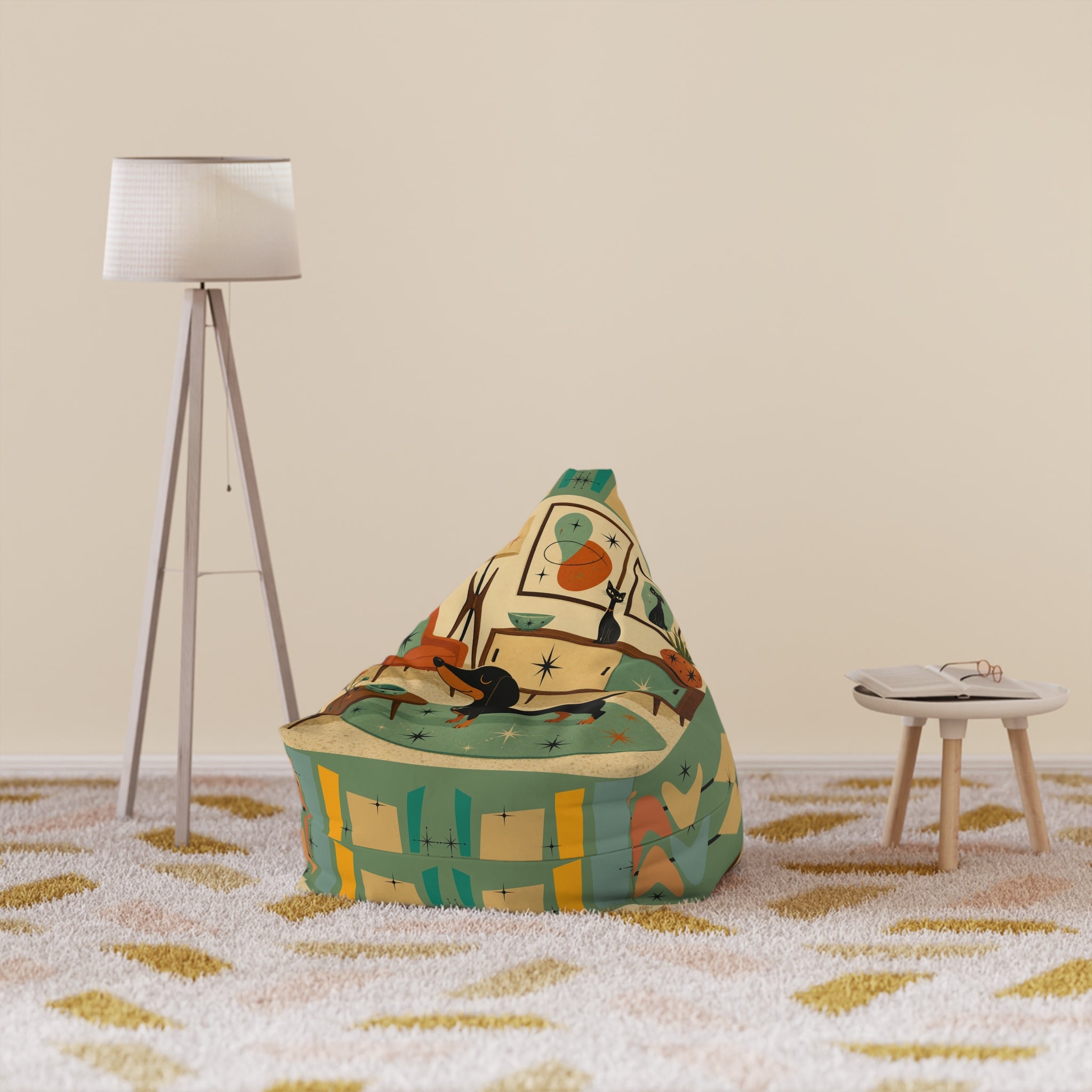Mid Century Retro Atomic Dachshund Pattern Bean Bag Cover | Vintage Space Age Print