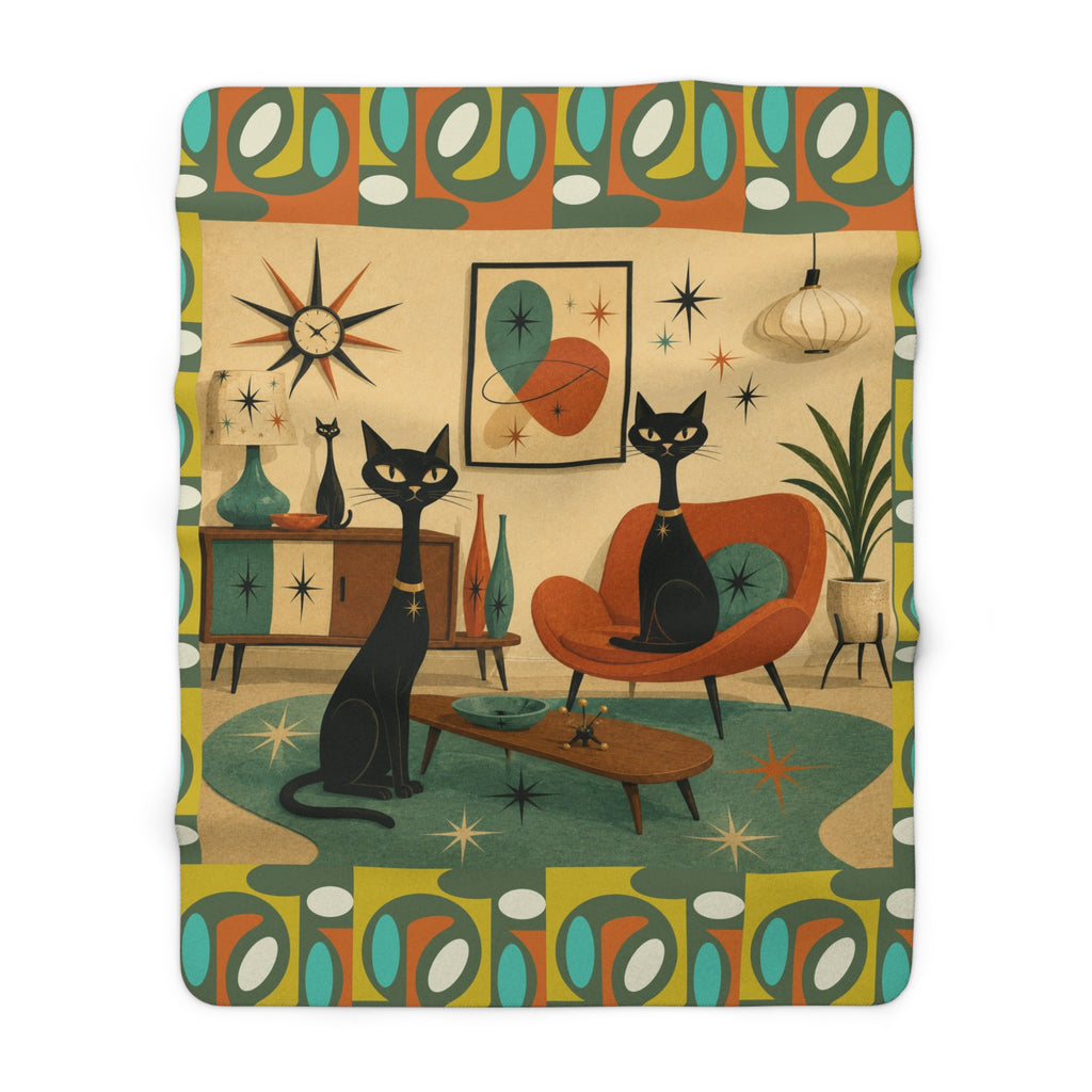 Mid Century Modern Atomic Black Cats Sherpa Fleece Blanket | Retro Atomic Living Room