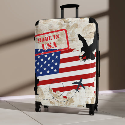 Made in the USA Suitcase on wheels, carry on luggage, travel for holidays, patriotic design, American hard shell lockable case