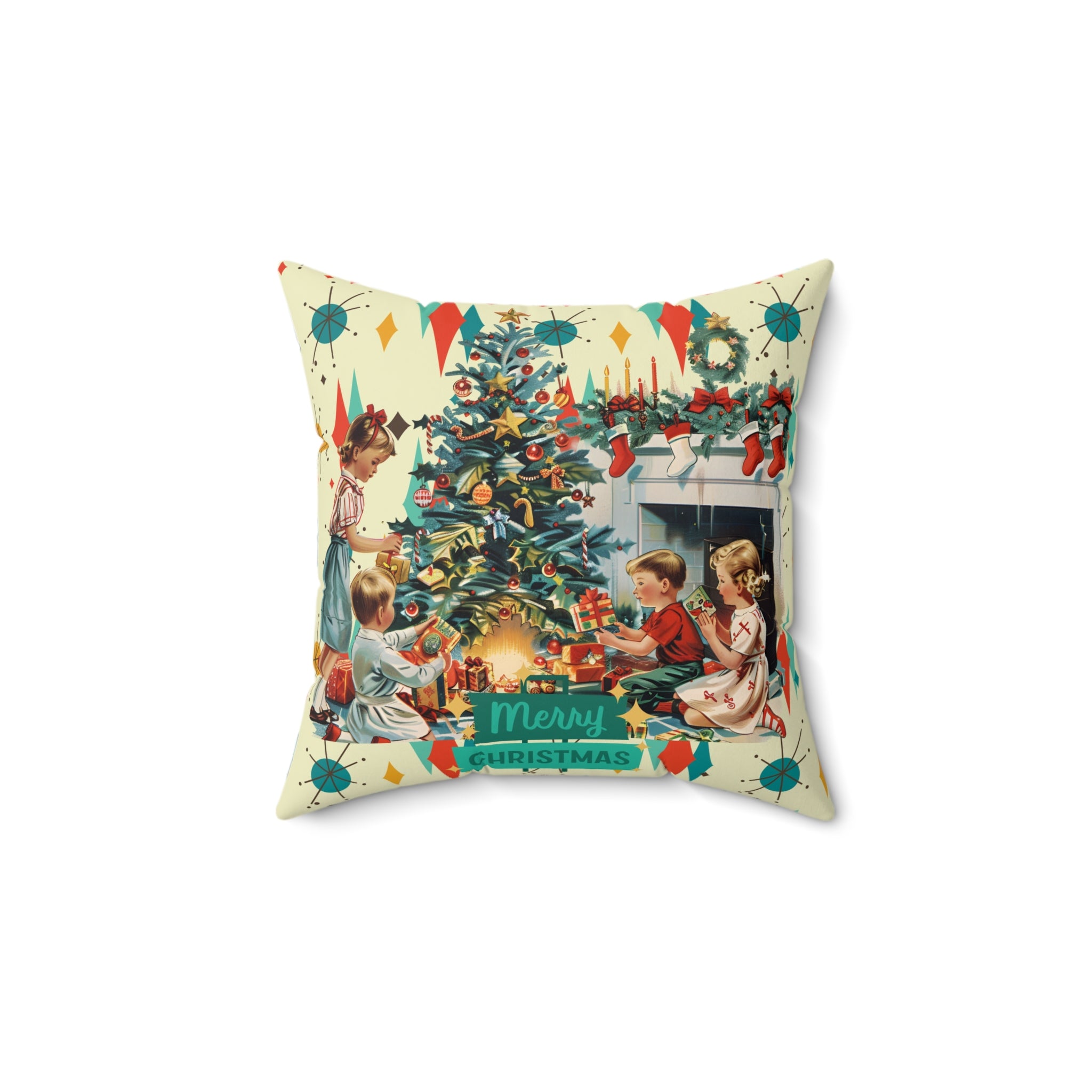 Merry Christmas pillow, Retro Vintage 50s Franciscan Diamond Starburst Kitsch Christmas Card Art Pillow, Retro Vintage 50s scatter cushion
