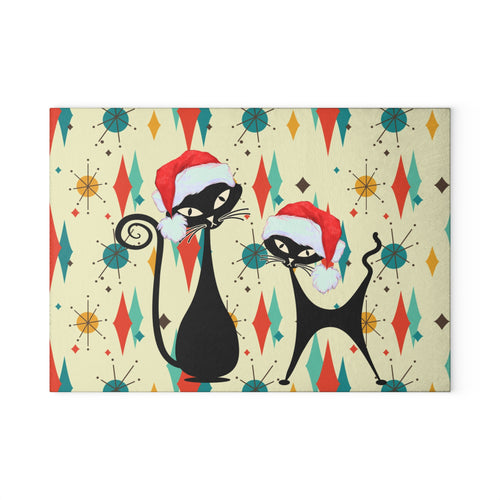 Christmas Atomic cat retro Glass Cutting Board, Franciscan starburst, Kitschy Christmas, Xmas kitchen decor, Mid Century chopping board
