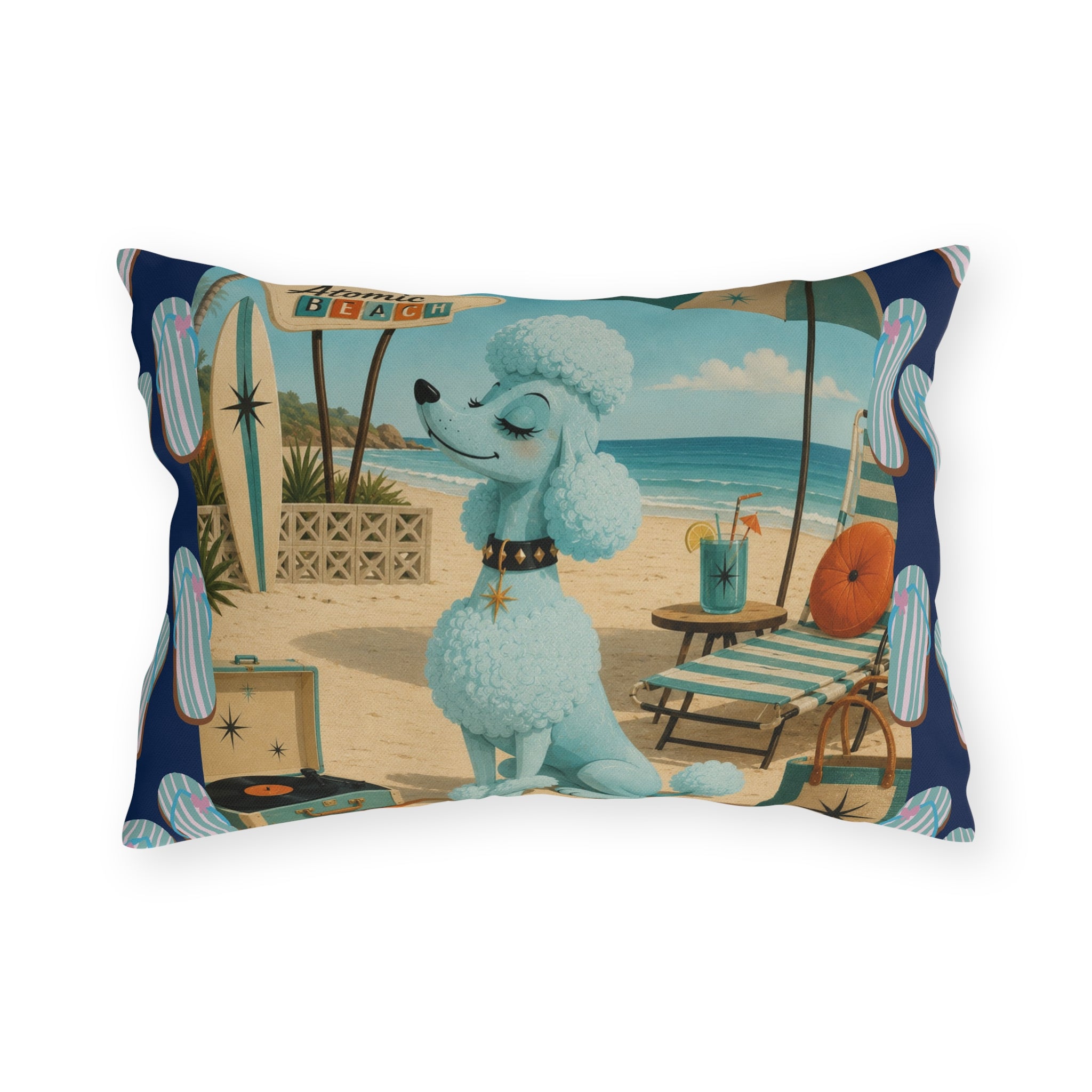 Retro Atomic Beach Blue Poodle Outdoor Pillow | Mid Century Coastal Decor