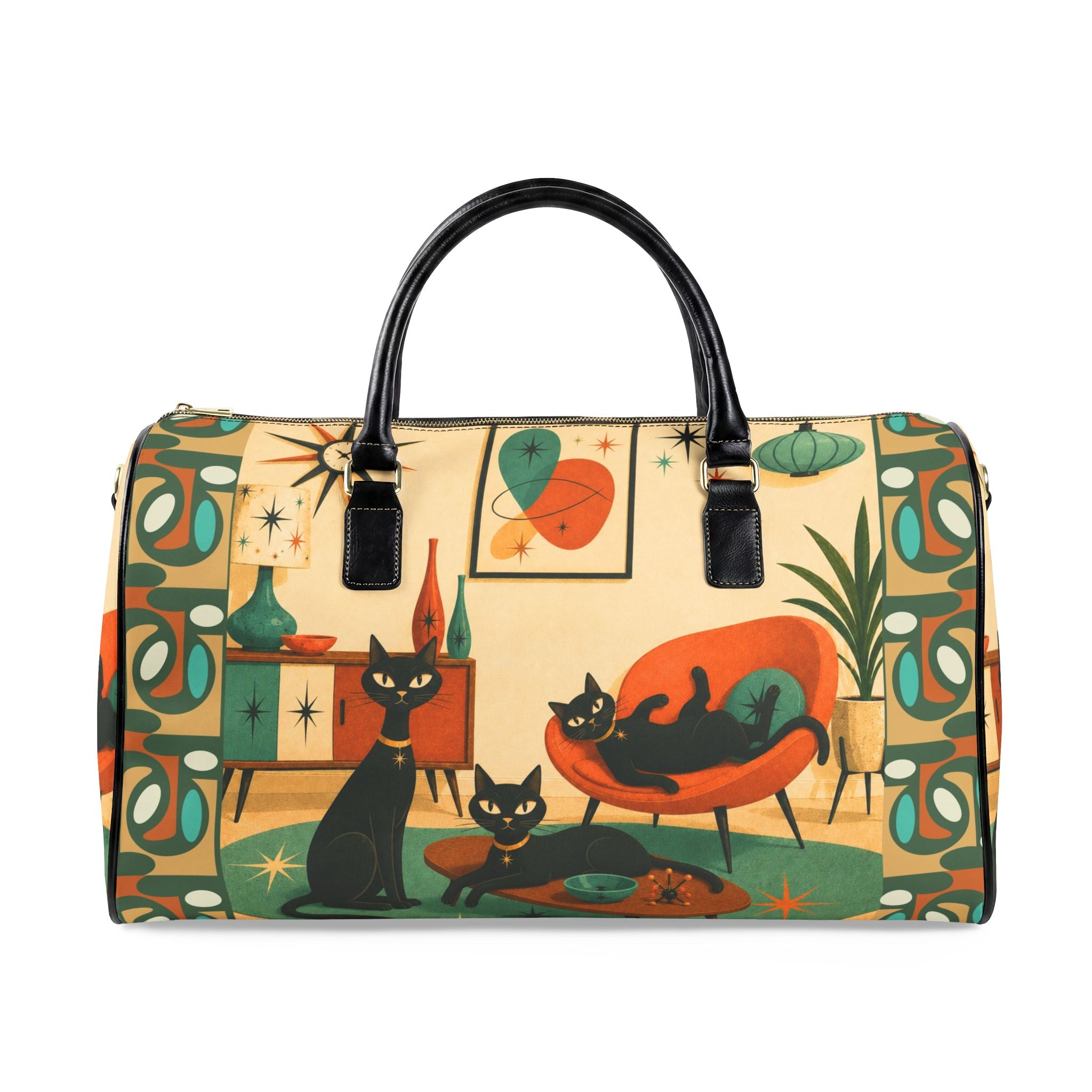 Mid Century Atomic Cat Scene Faux Leather Travel Bag | Retro Atomic Kitsch