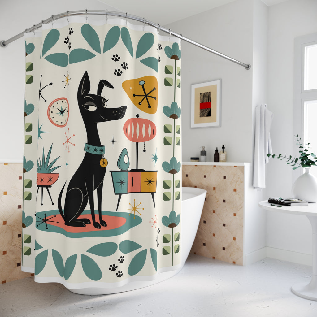 Mid Century Black Dog Shower Curtain | Retro Atomic Floral Shower Curtain