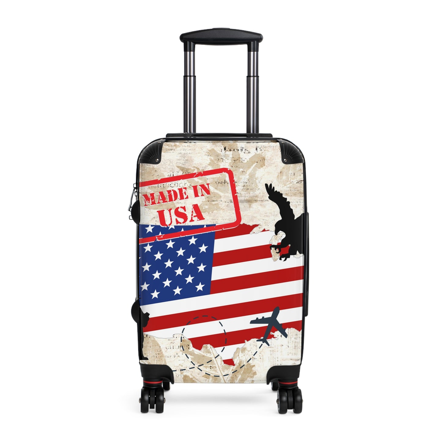 Made in the USA Suitcase on wheels, carry on luggage, travel for holidays, patriotic design, American hard shell lockable case