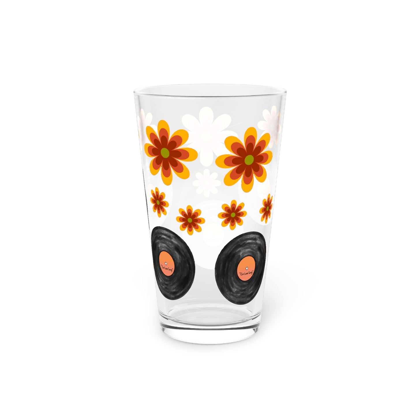 Retro record "Our Song" hippie flowers Pint Glass, 16oz, beverage pint glass (price is per glass)