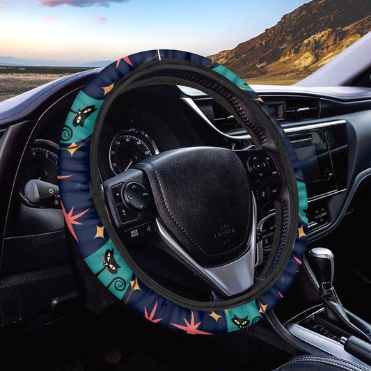 Atomic cat and starburst retro Steering Wheel Cover, Mid Century Modern, MCM cat interior, 50s 60s kitschy, black cat lover gift