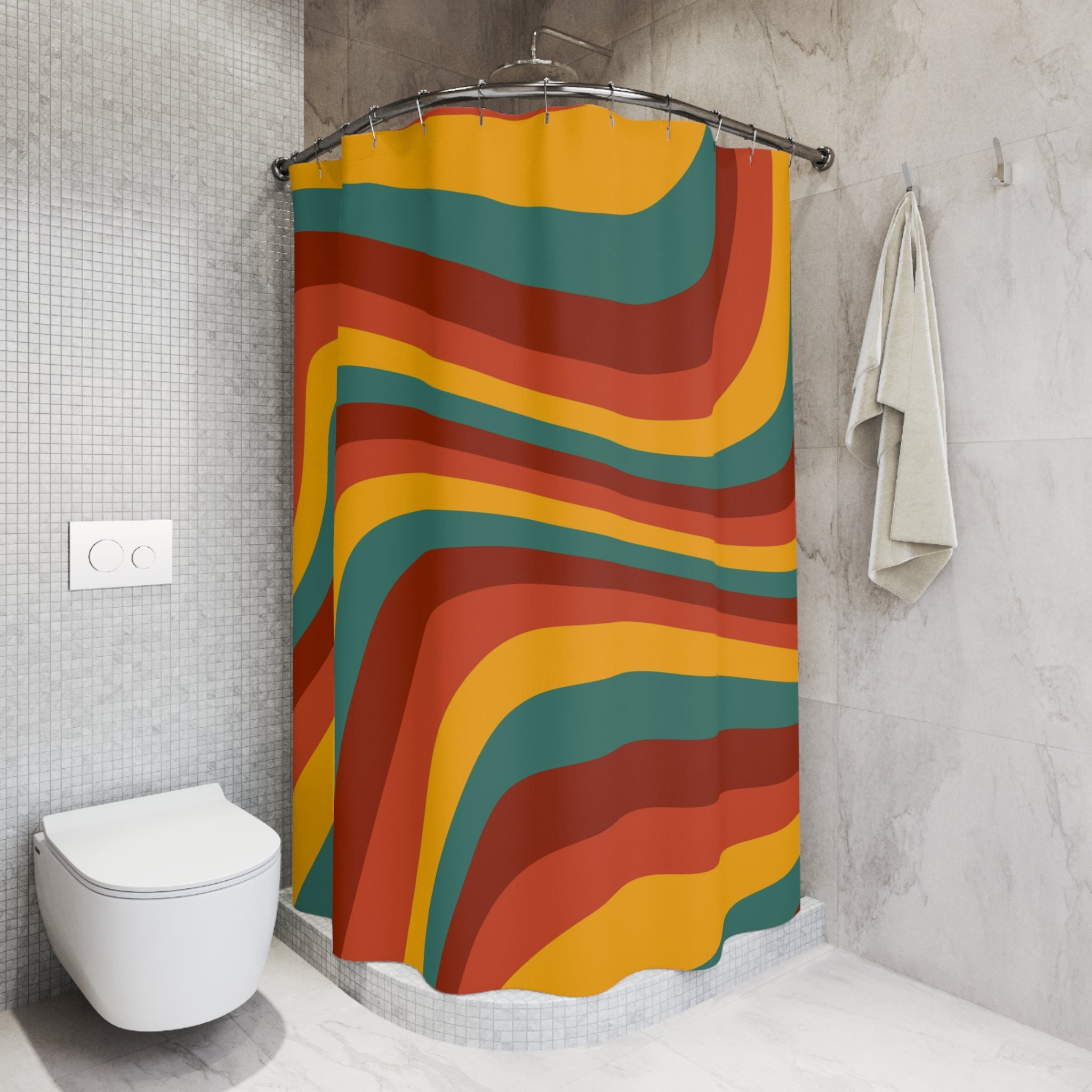 Retro Wavy Stripe Shower Curtain — 1970s Boho Bathroom Decor