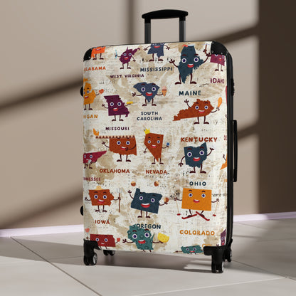 USA little maps travelling Suitcase on wheels, carry on luggage, secure lockable travel case, kids or adults