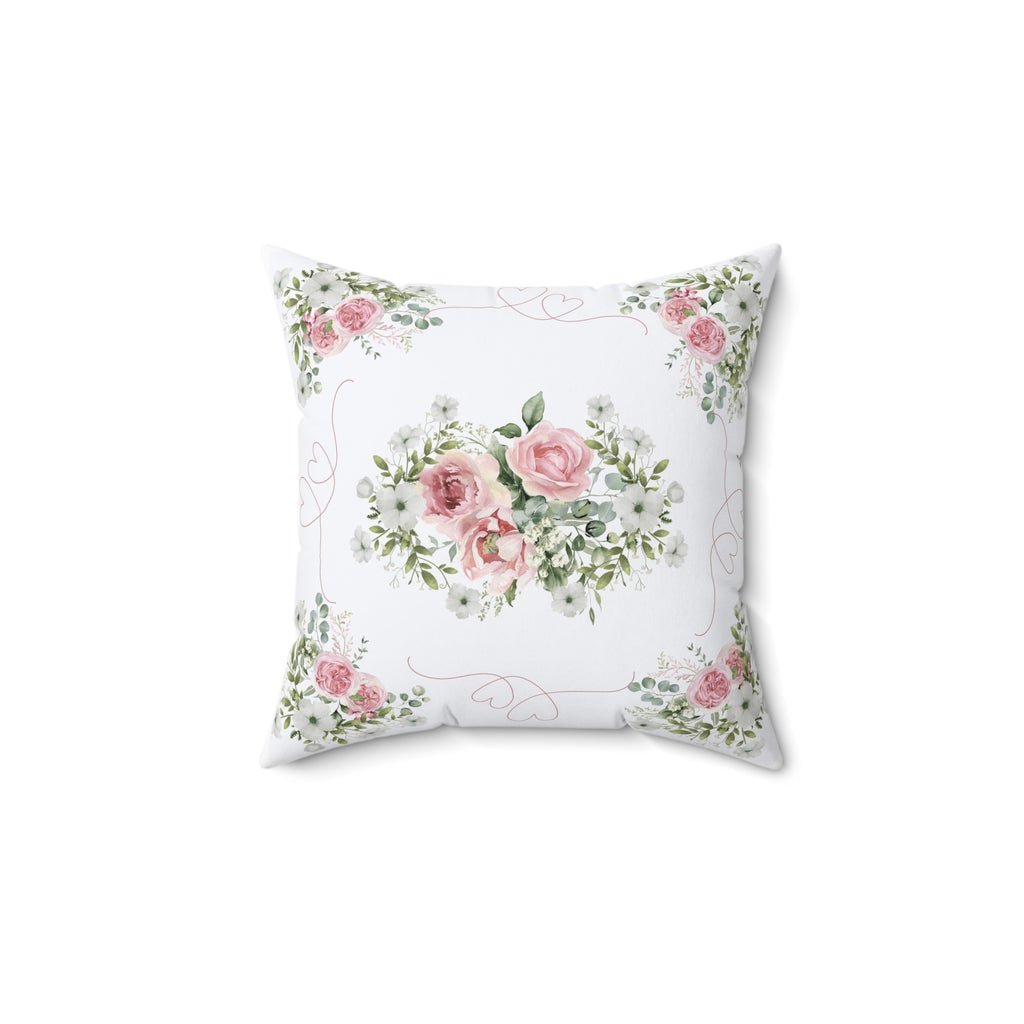 Pink Peony rose love heart Spun Polyester Square Pillow, Shabby chic style, Farmhouse decor, floral scatter cushion