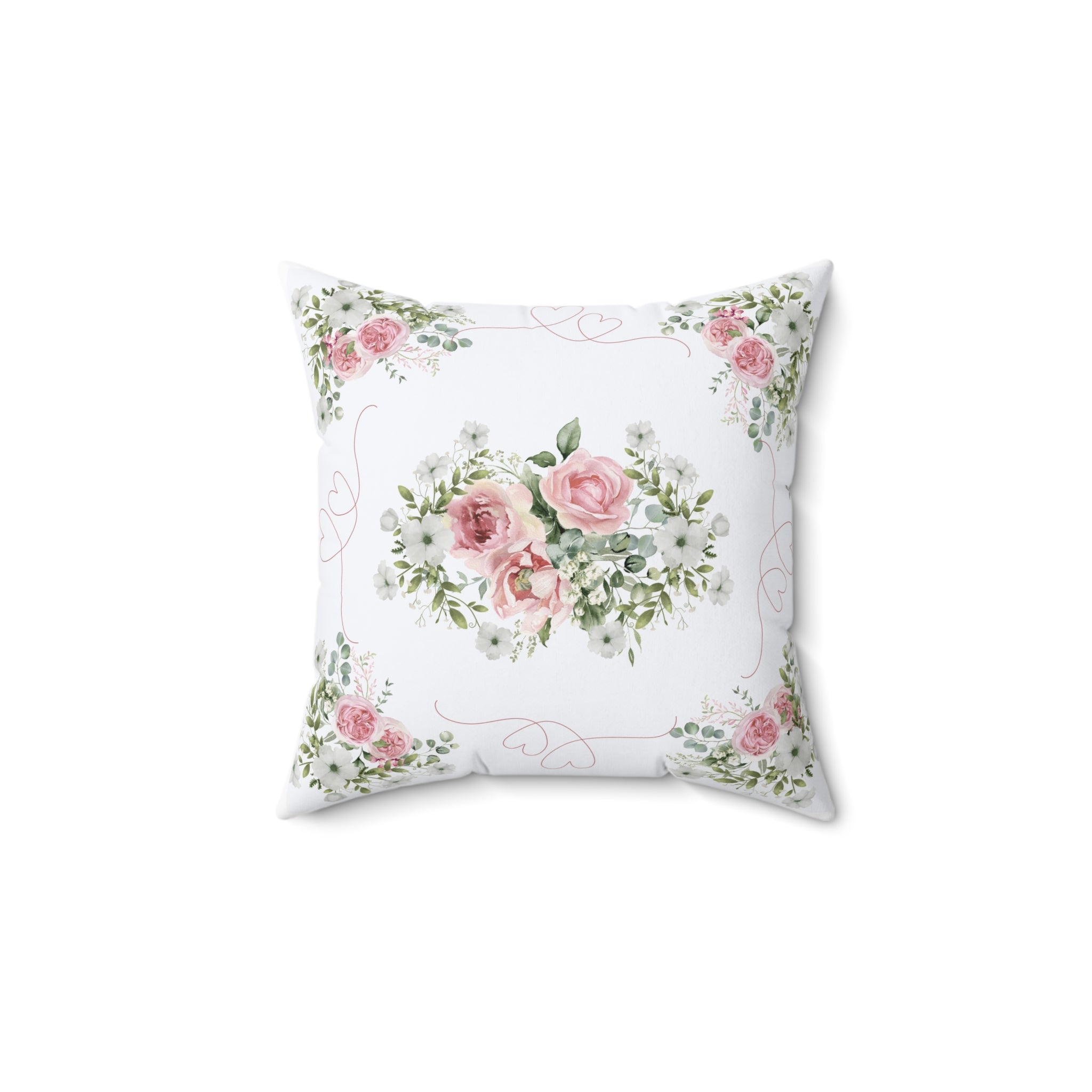 Pink Peony rose love heart Spun Polyester Square Pillow, Shabby chic style, Farmhouse decor, floral scatter cushion