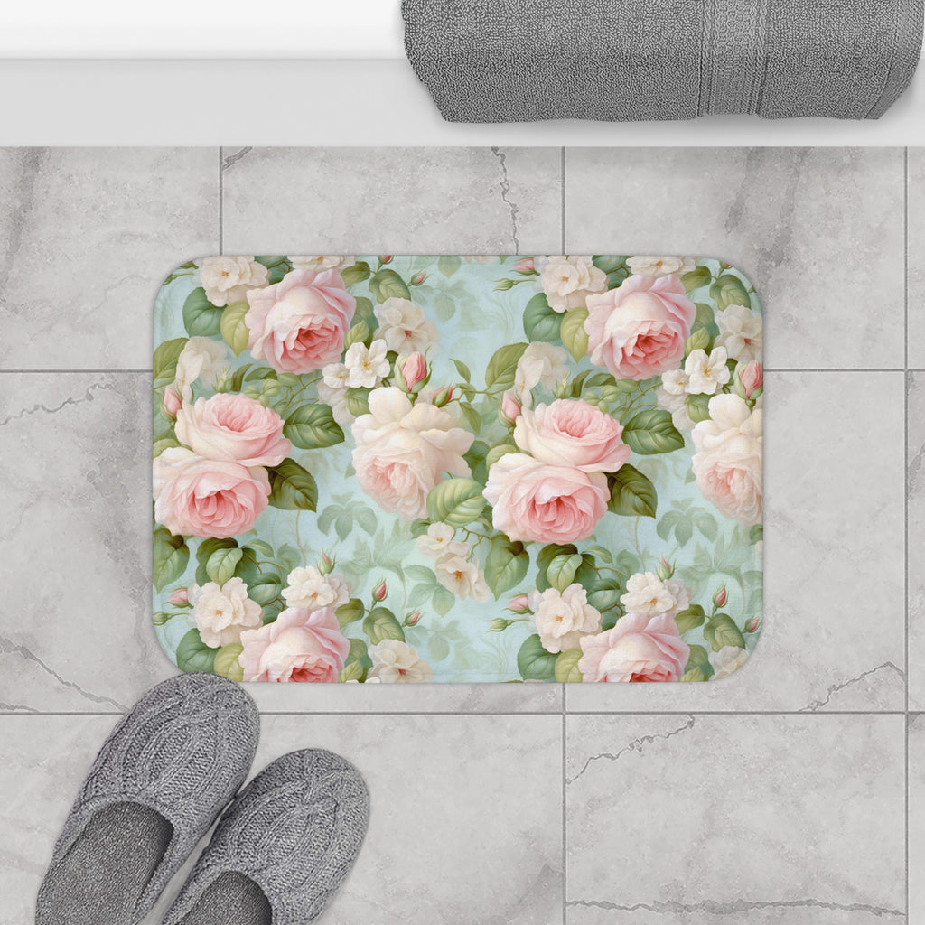 Pink vintage delicate roses Bath Mat, French vintage inspired, floral, anti-slip, shabby chic style bath mat