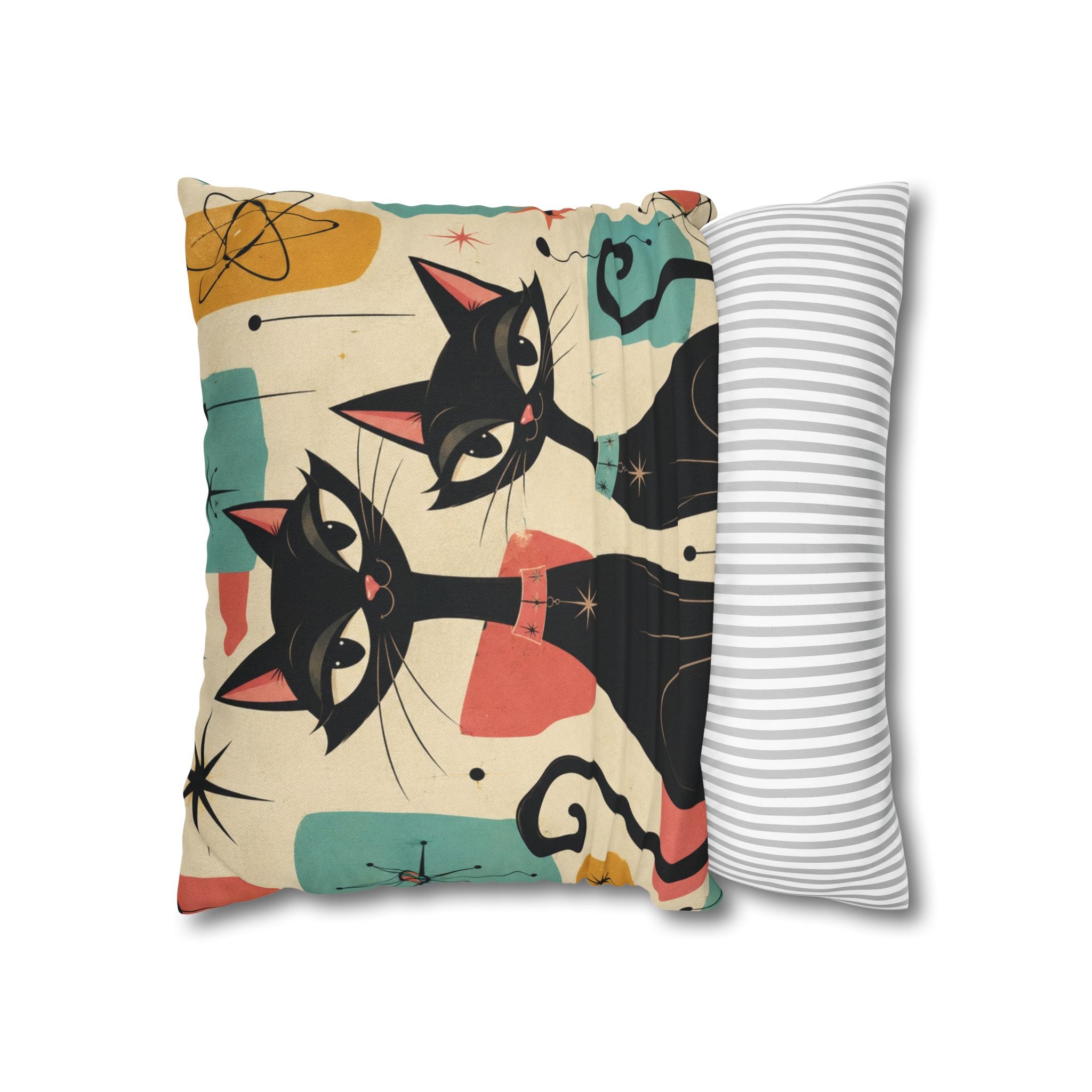 Mid Century Retro Atomic Black Cats Pillowcase | Spun Polyester Square Pillowcase - COVER ONLY