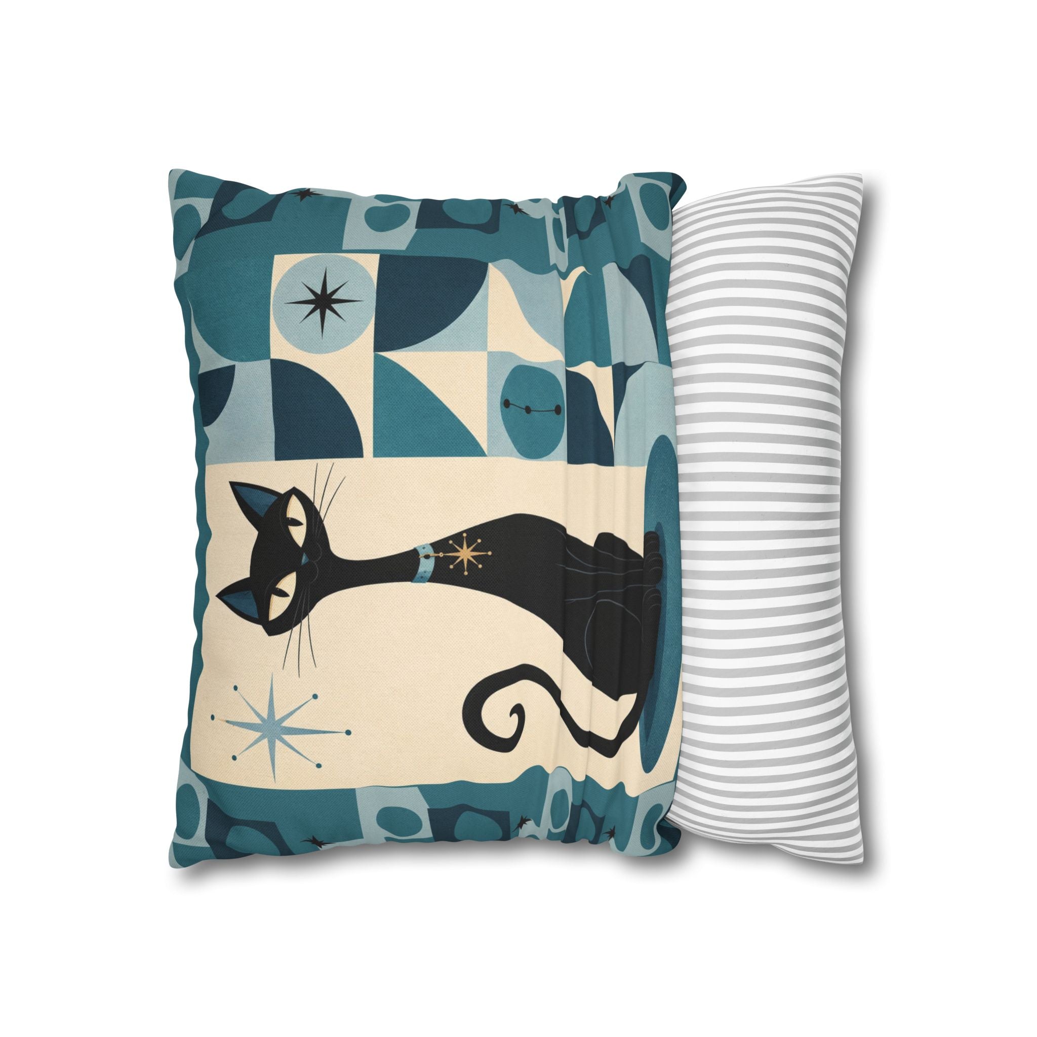 Mid Century Atomic Black Cat Pillowcase | Square Pillowcase, Retro Geometric Cat - COVER ONLY