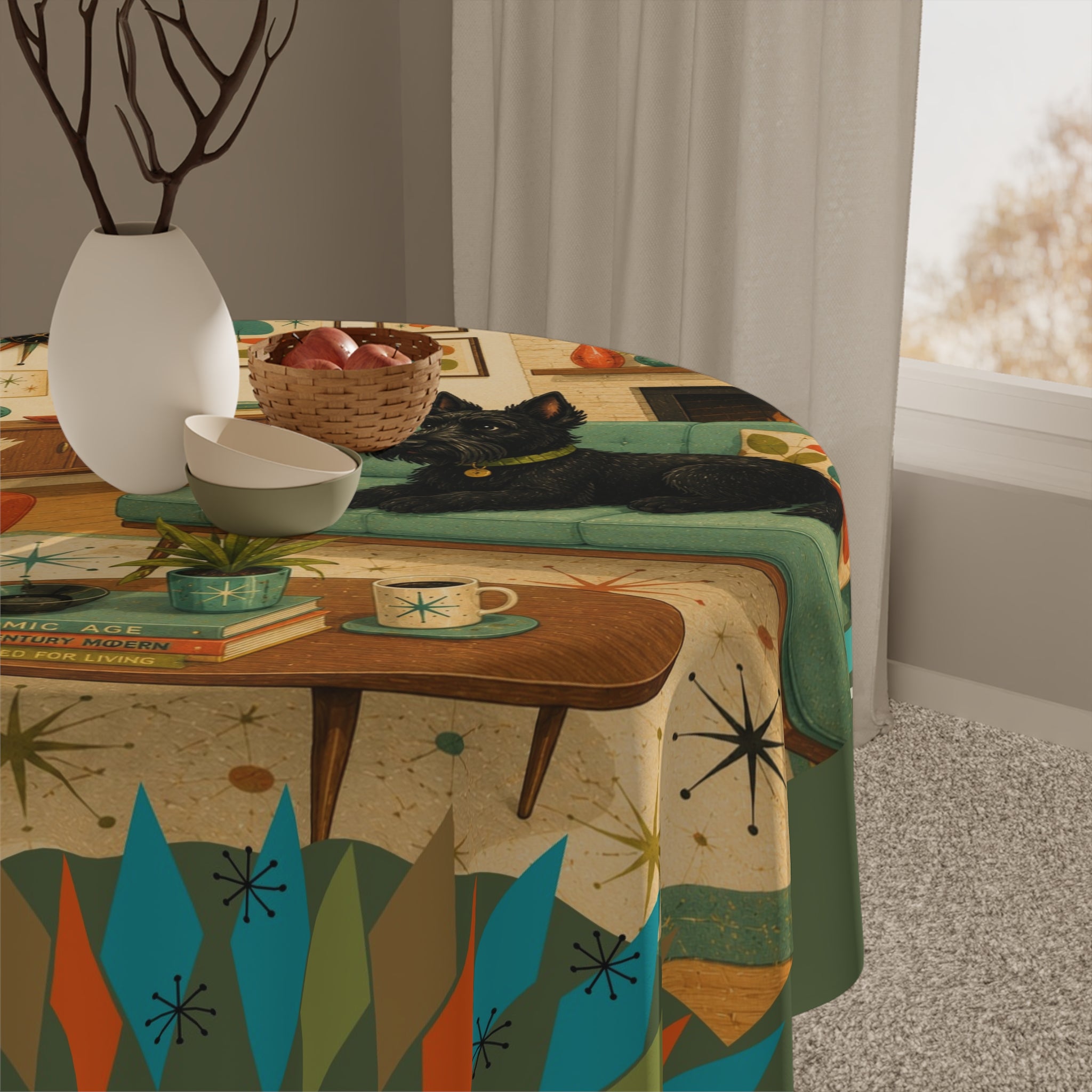 Mid Century Living Room with Scottish Terriers Tablecloth | Retro Atomic Print