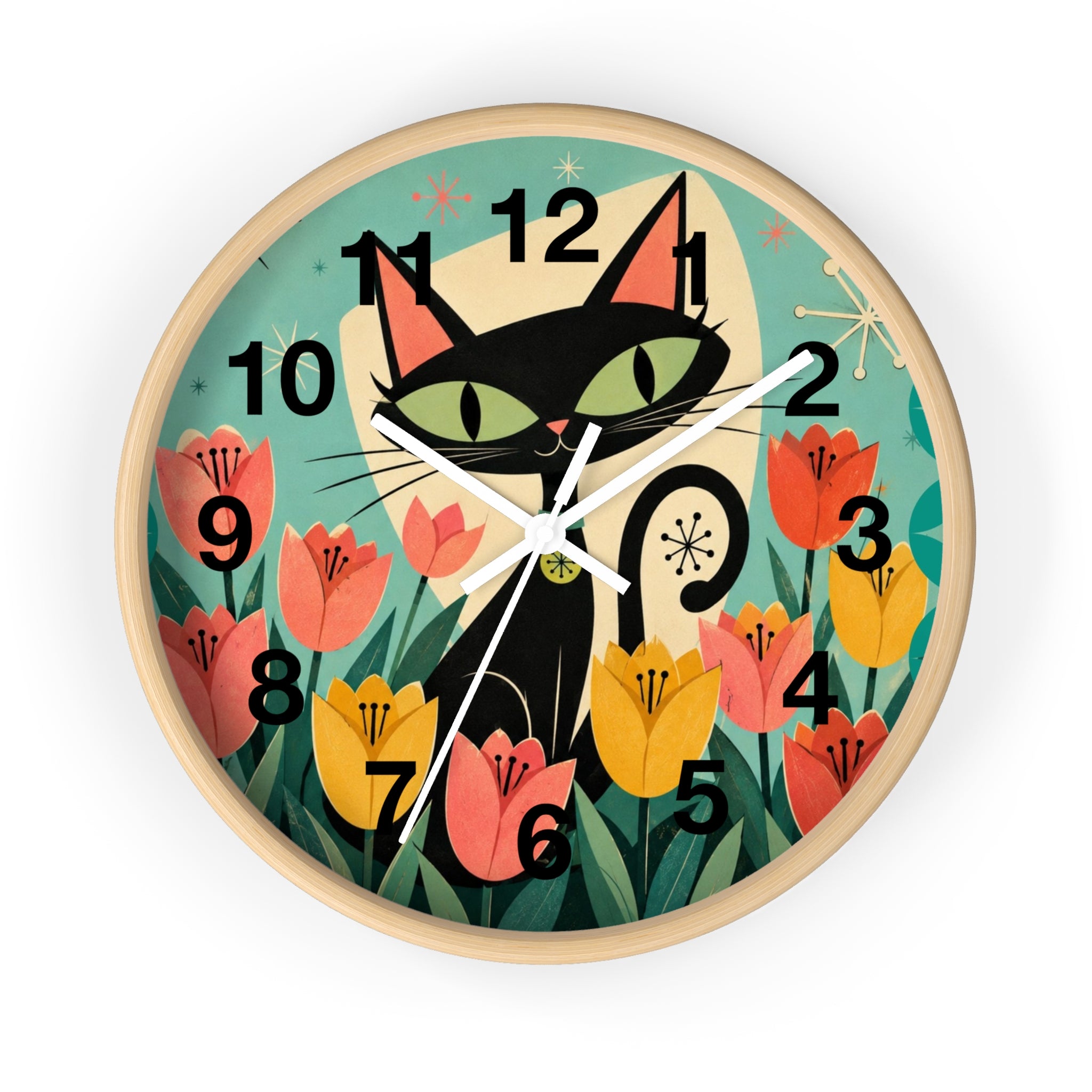 Atomic Black Cat in Tulips Wall Clock | Retro Cat Illustration, Spring Floral