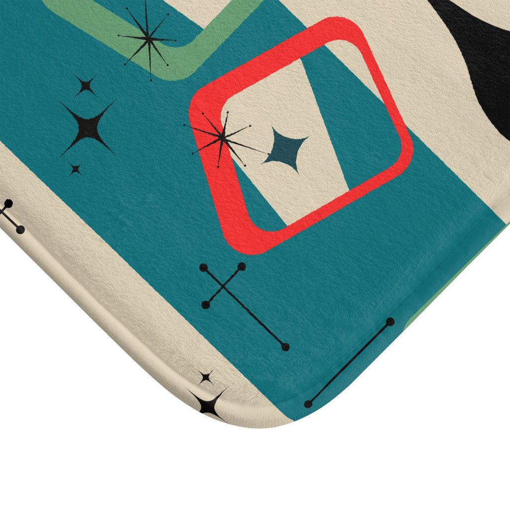 Atomic cat teal and shapes Bath Mat, retro bathroom, MCM bath mat, non slip, 50s 60s kitschy inspired, black cat lover gift