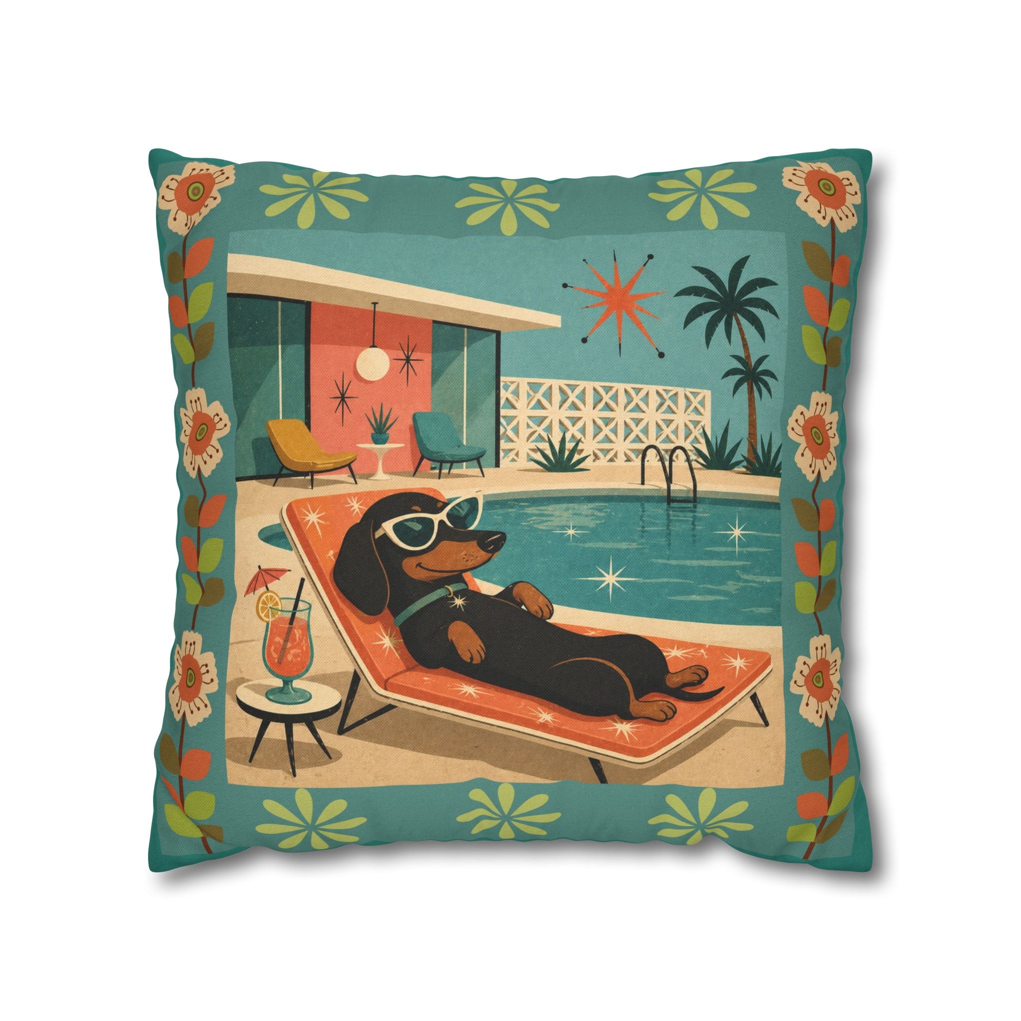Retro Dachshund Pool Lounge Pillowcase | Square Pillowcase - COVER ONLY - Indoor Use