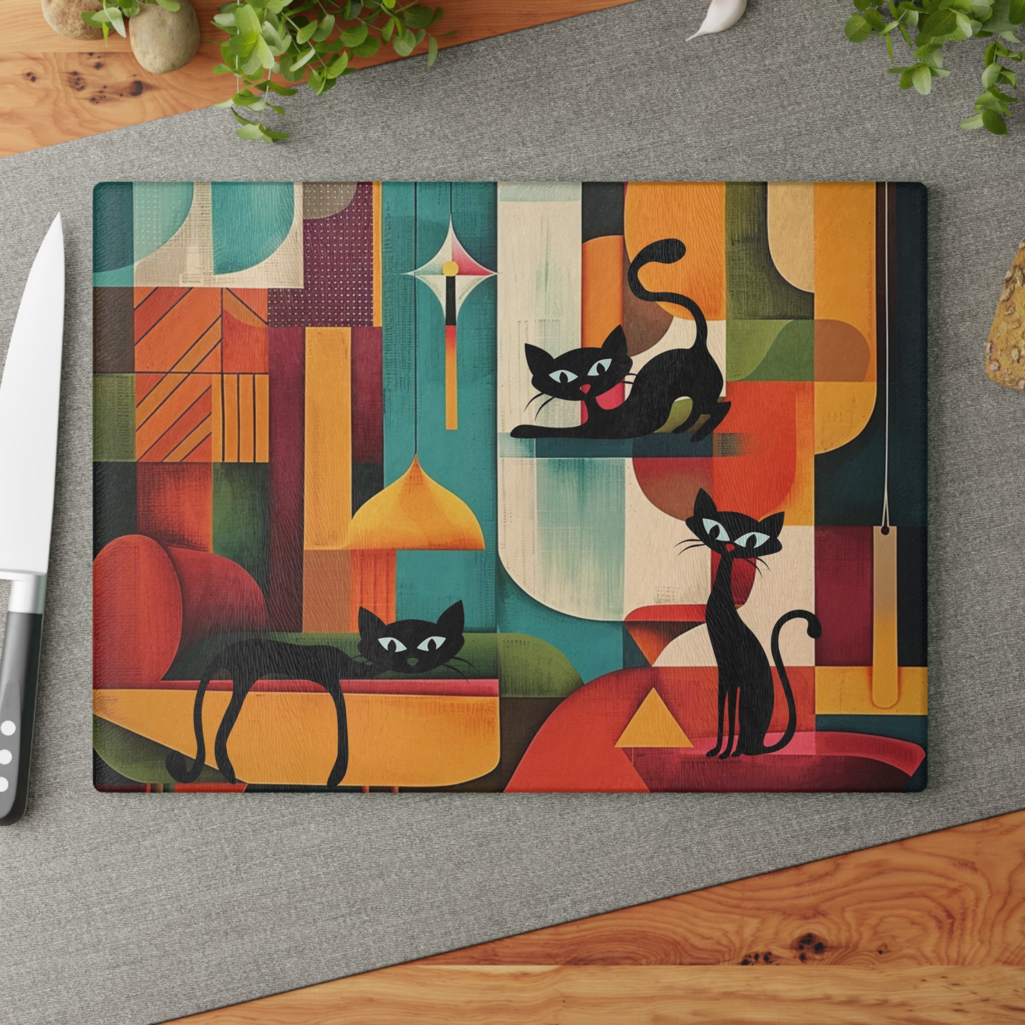 Atomic cat MCM Glass Cutting Board, Mid Century Modern, MCM chopping board, 50s 60s inspired, black cat lover gift