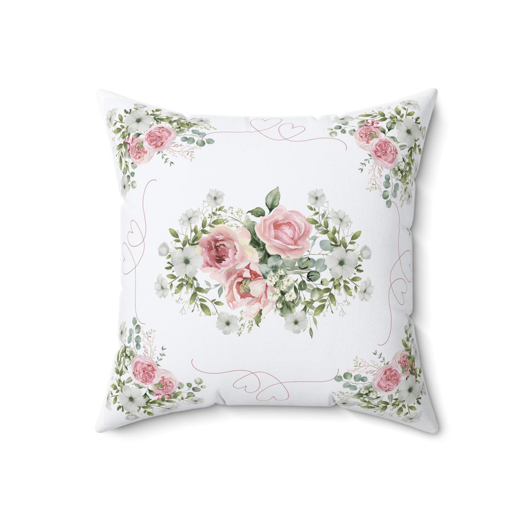 Pink Peony rose love heart Spun Polyester Square Pillow, Shabby chic style, Farmhouse decor, floral scatter cushion